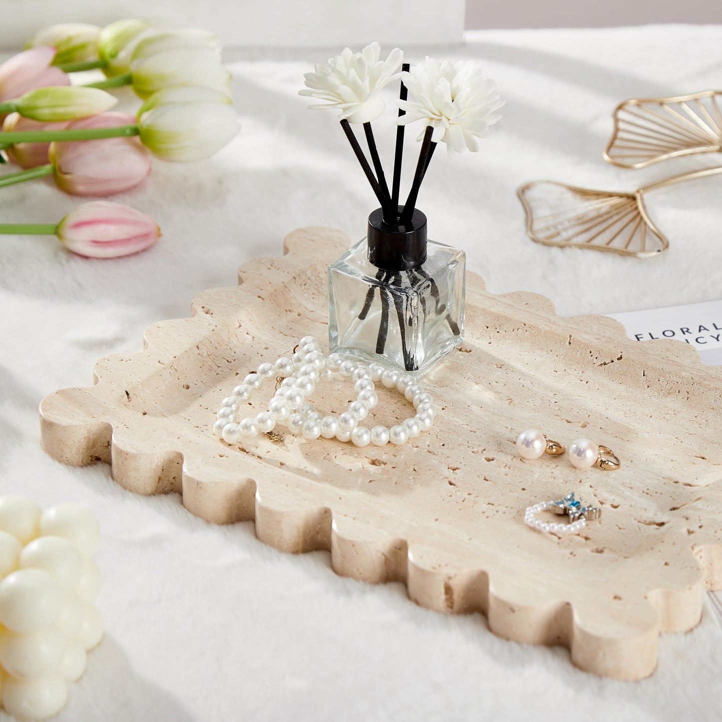 Denique Natural Travertine Tray with Scalloped Edge, 10.8x8 Rectangle Vanity Tray for Bathroom Kitchen Countertop, Beige Decorative Stone Storage Tray for Dresser Home Decor