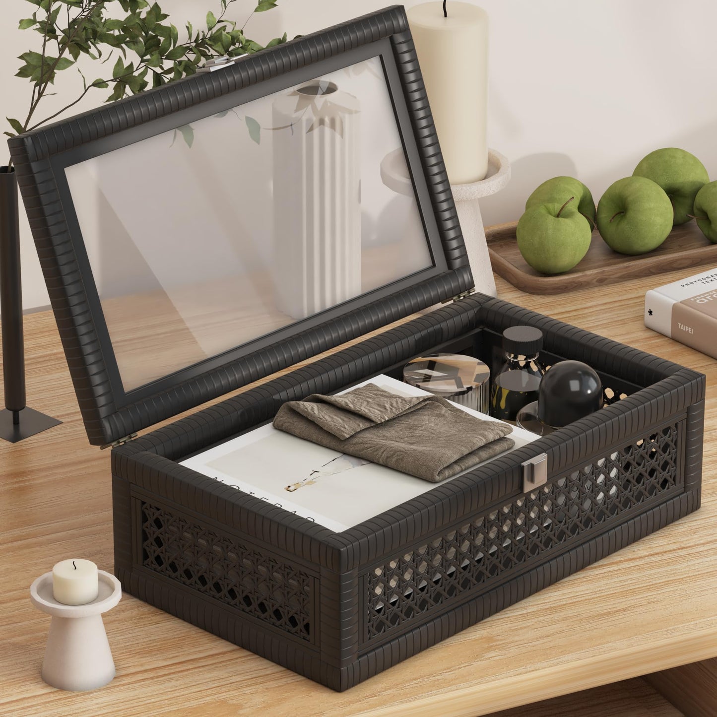 Fllamo Rattan Decorative Box,Boho Display Boxes with Lids,Set of 2 Rectangular Wicker Storage Decoration,Natural Woven Cane Bins for Home Decor for Rustic Farmhouse(Black)