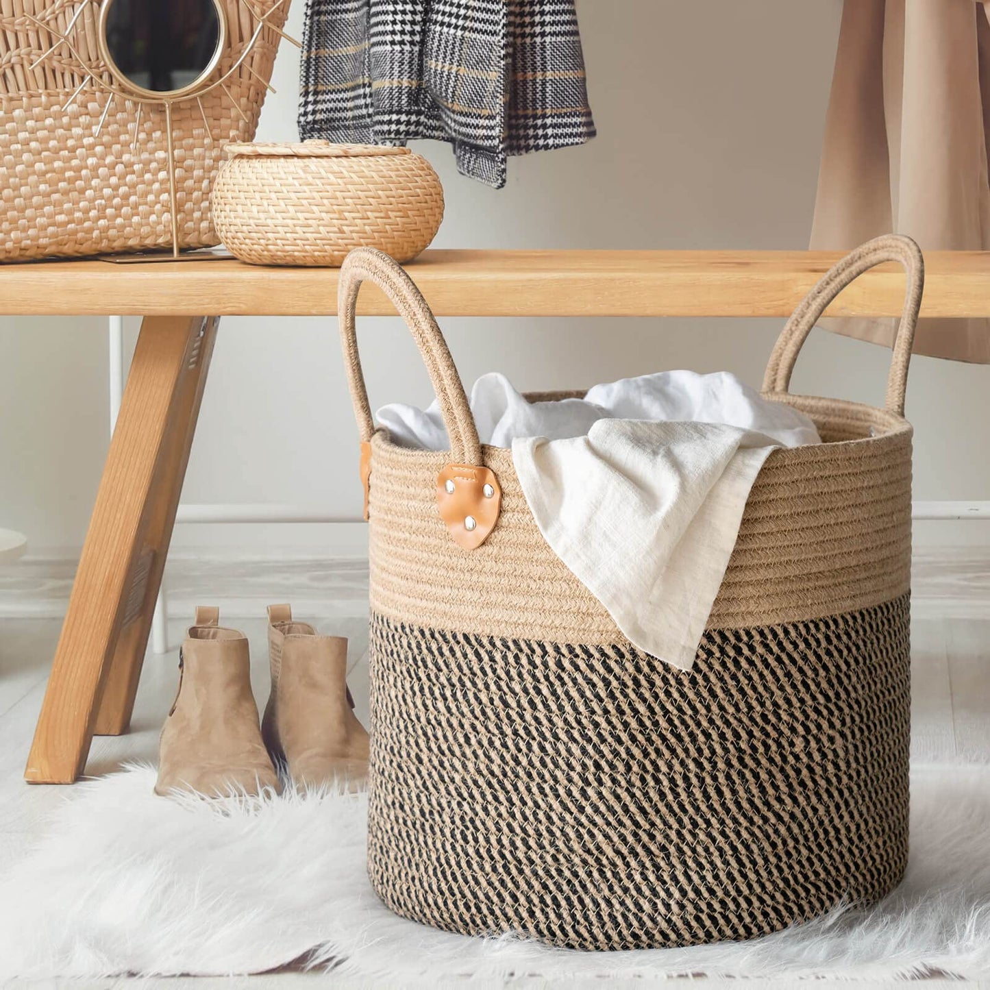 CHICVITA Wicker Laundry Basket With Handles, Storage Baskets for Decor, Rope Basket for Blankets, Toys, Clothes, Shoes, Plant Basket for Living Room, 14" X 14" X 12"