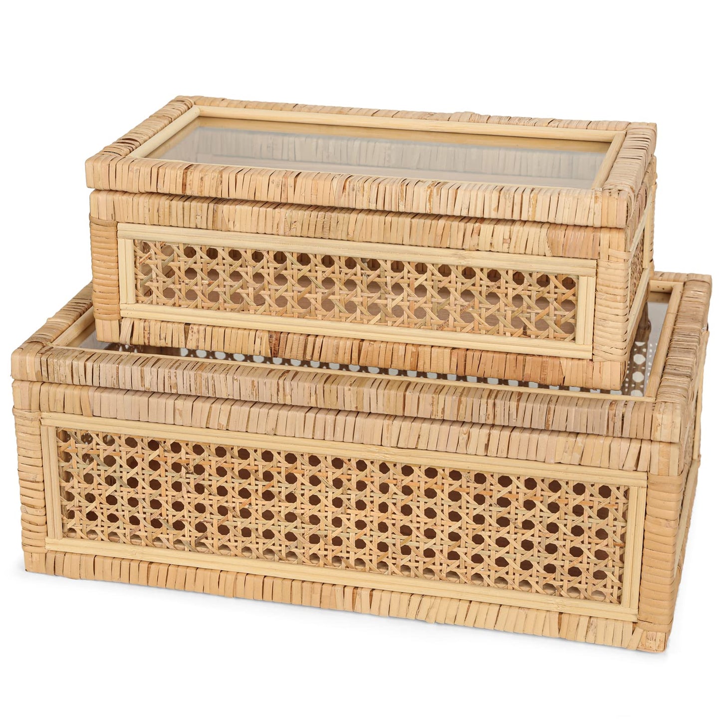 Handwoven Boho Rattan Display Boxes with Glass Lids - Set of 2 Rectangular Decorative Storage Bins - Natural Woven Cane Home Decor Organizers