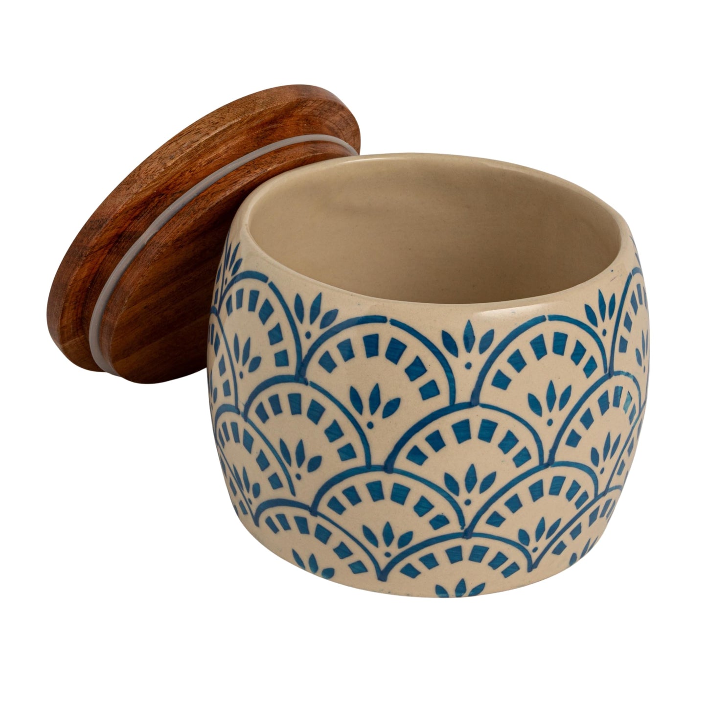Creative Co-Op Stoneware Canister with Lid, Cream Color, Blue and Natural
