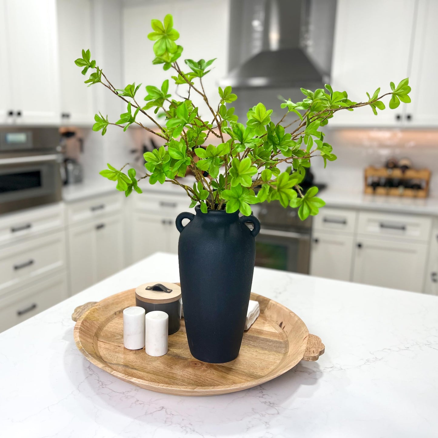 12 Inch Tall Black Ceramic Vase, with 5 Branches of 25 Inch Faux Artificial Vibrant Greenery Stems Set, Textured Minimalist Jug, Fake Stem Plants, Decorative Farmhouse, Console Table Centerpiece Decor