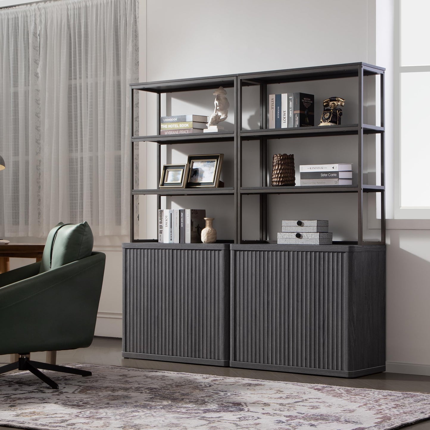 SICOTAS Book Shelf Fluted Bookshelf 71" Tall Bookcase with Doors Storage 5 Tier Mid Century Modern Bookshelves Large Shelves Metal Book Cases for Living Room Office Bedroom Kitchen Library (Black)