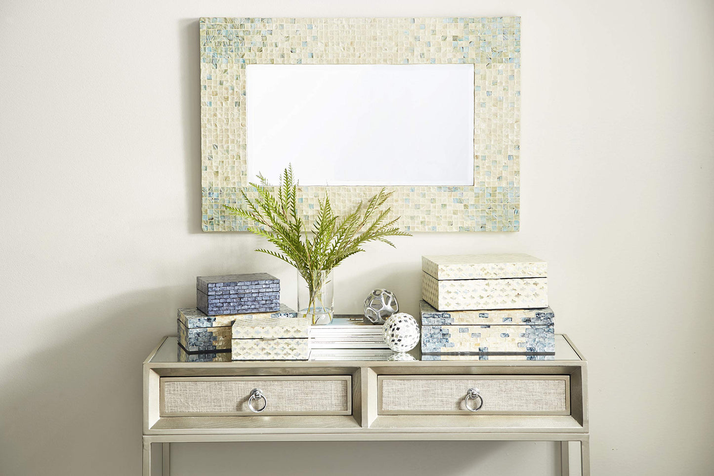 Deco 79 Mother of Pearl Shell Geometric Handmade Decorative Box Storage Decorative Keepsake Boxes with Hinged Lid, Set of 2 Storage Boxes 12", 8"W, Cream