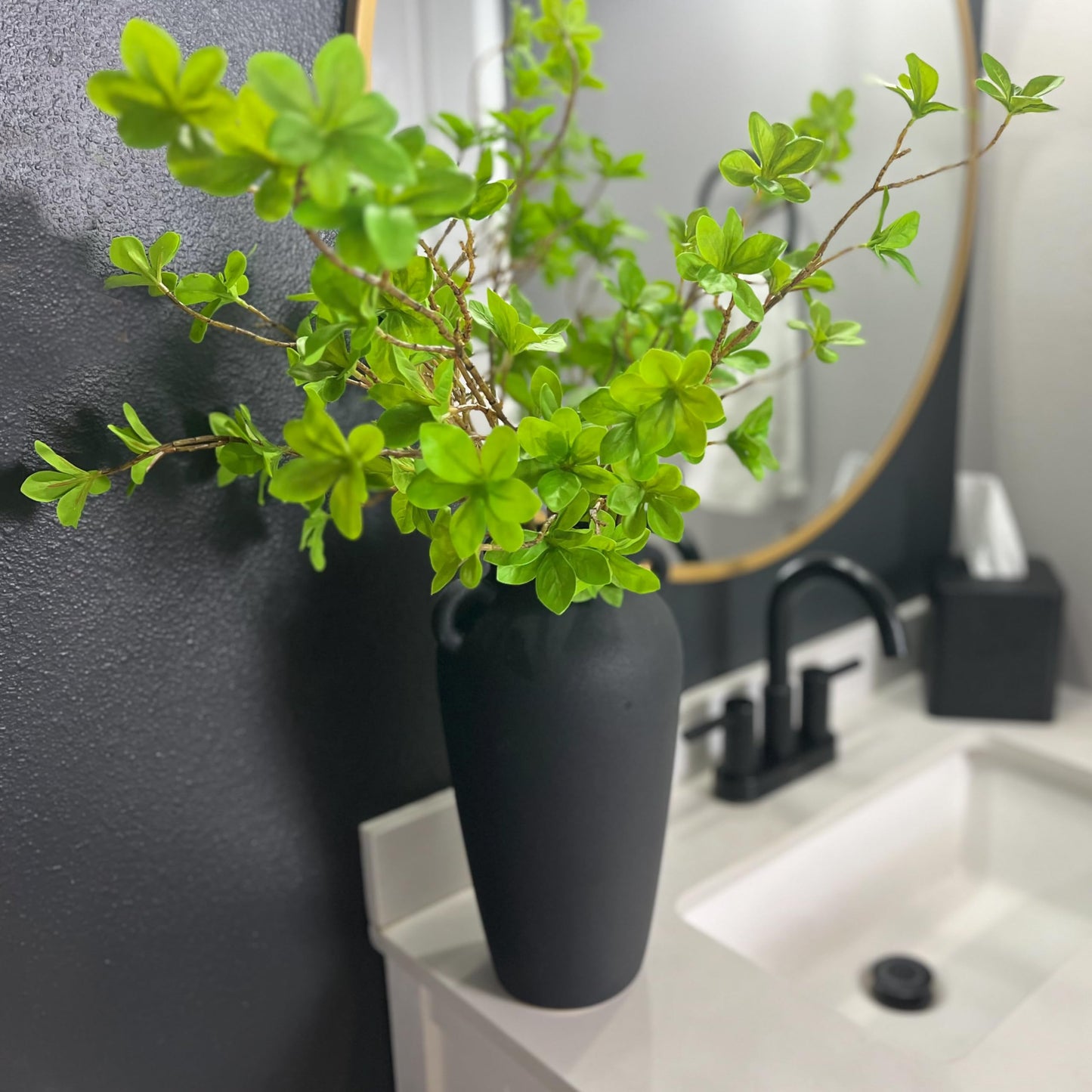 12 Inch Tall Black Ceramic Vase, with 5 Branches of 25 Inch Faux Artificial Vibrant Greenery Stems Set, Textured Minimalist Jug, Fake Stem Plants, Decorative Farmhouse, Console Table Centerpiece Decor