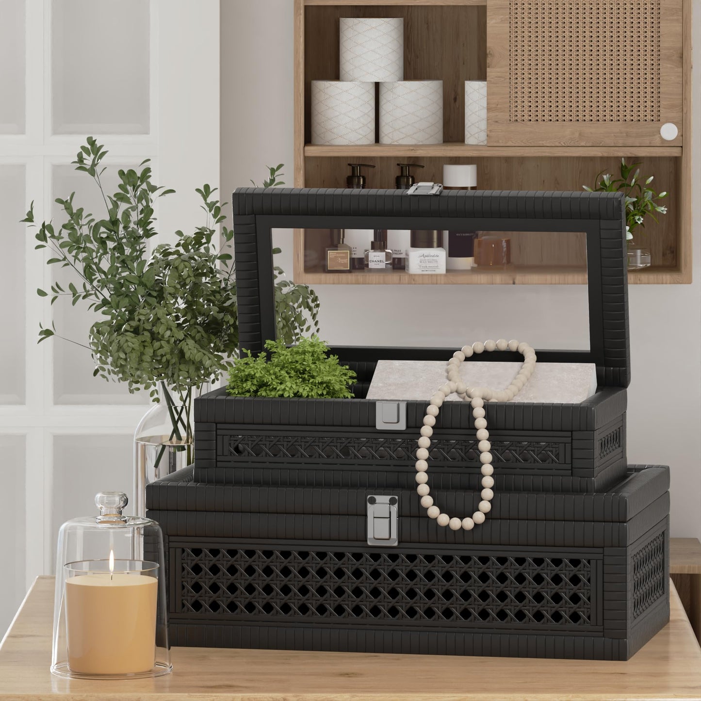 Fllamo Rattan Decorative Box,Boho Display Boxes with Lids,Set of 2 Rectangular Wicker Storage Decoration,Natural Woven Cane Bins for Home Decor for Rustic Farmhouse(Black)