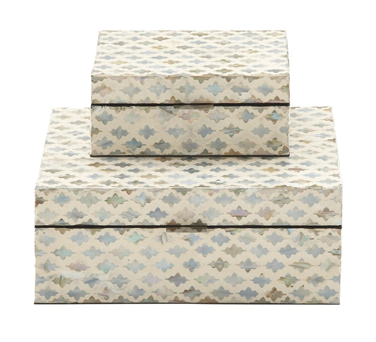 Deco 79 Mother of Pearl Shell Geometric Handmade Decorative Box Storage Decorative Keepsake Boxes with Hinged Lid, Set of 2 Storage Boxes 12", 8"W, Cream