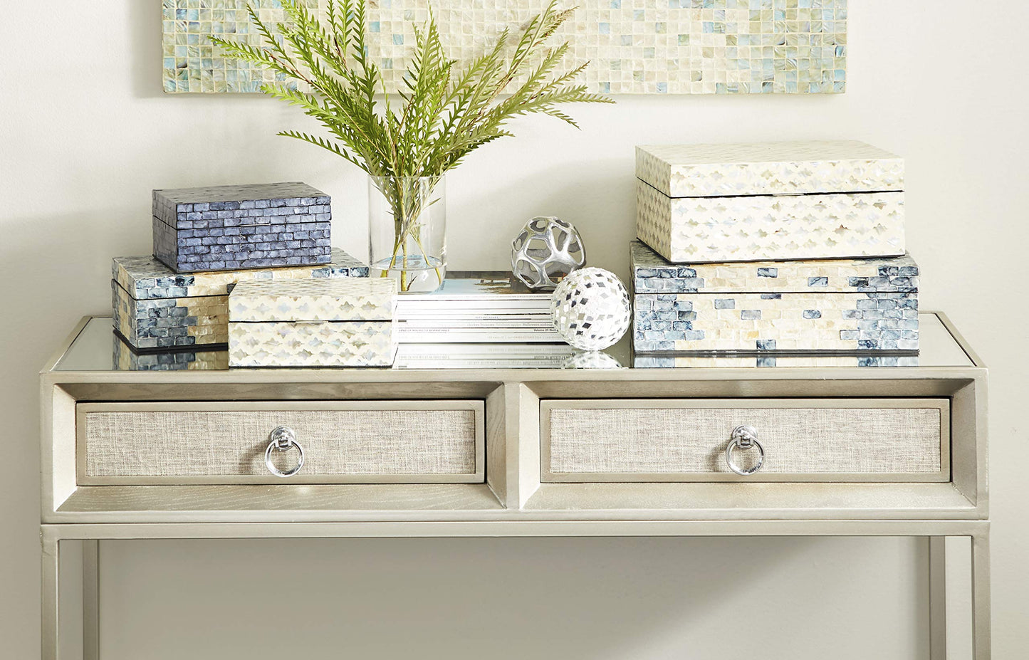 Deco 79 Mother of Pearl Shell Geometric Handmade Decorative Box Storage Decorative Keepsake Boxes with Hinged Lid, Set of 2 Storage Boxes 12", 8"W, Cream