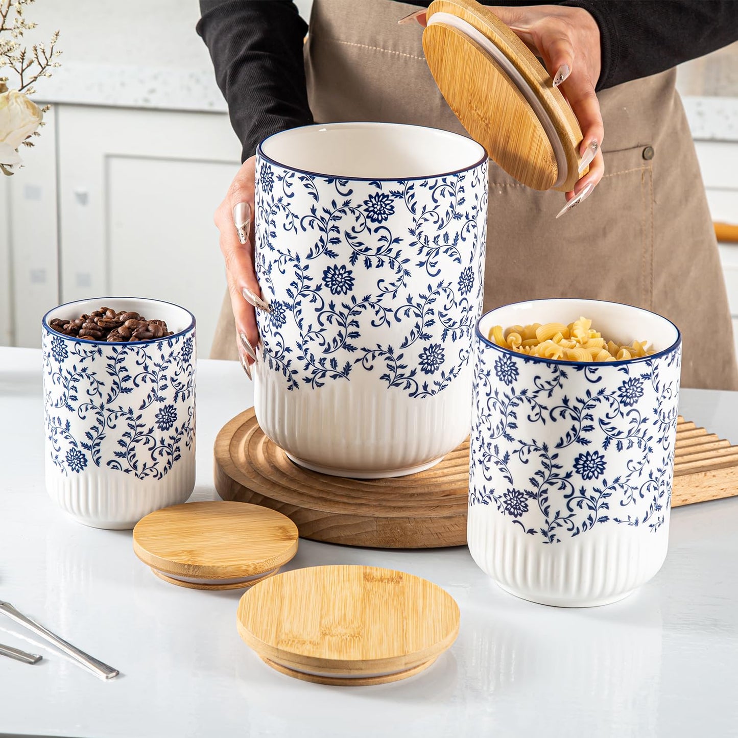 Cerkik Canisters Sets for Kitchen - Ceramic Kitchen Containers for Countertop with Airtight Wood Lids - Flour and Sugar Containers for Coffee Tea Spice Beans Cookie Jars - Blue Set of 3