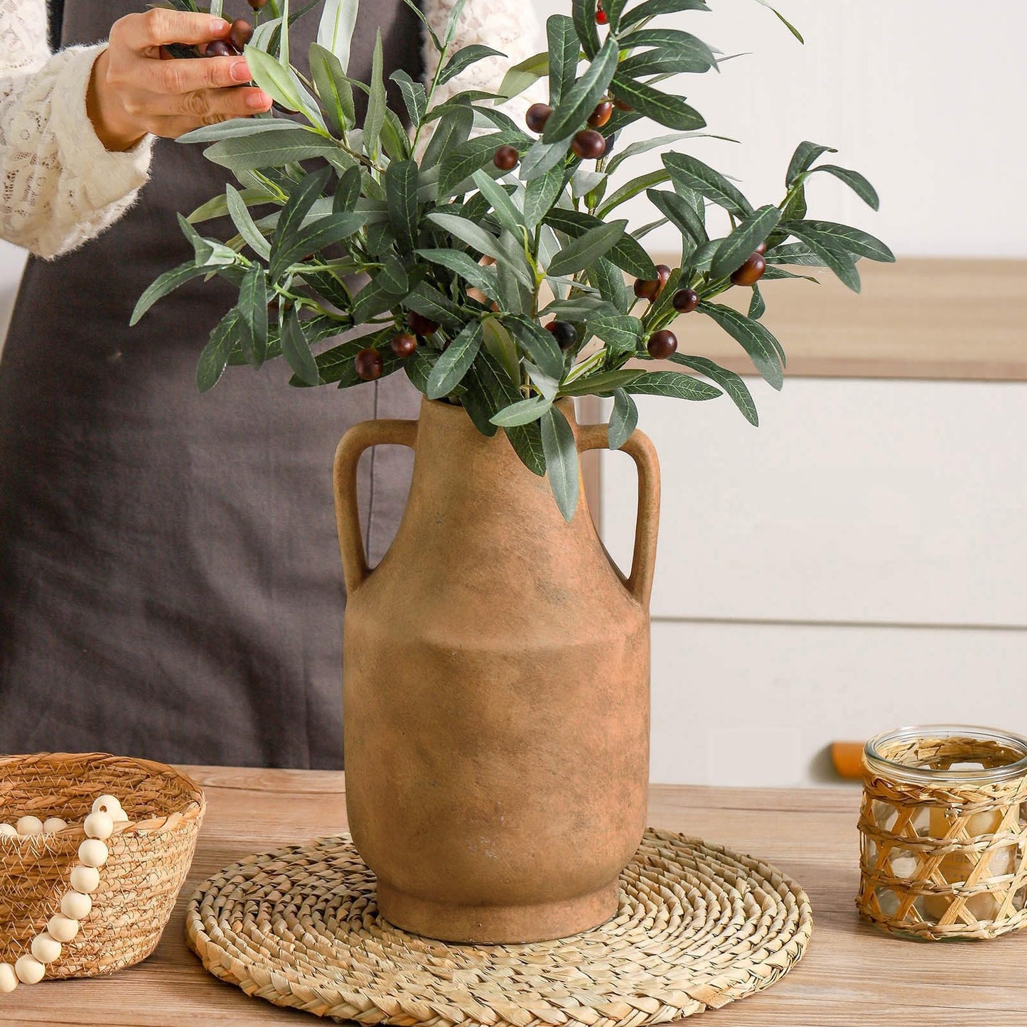 11 inch + 9.7 inch Rustic Farmhouse Vase for Home Decor, Decorative Pottery Flowers Vase for Mantel, Entryway, Living Room, Table