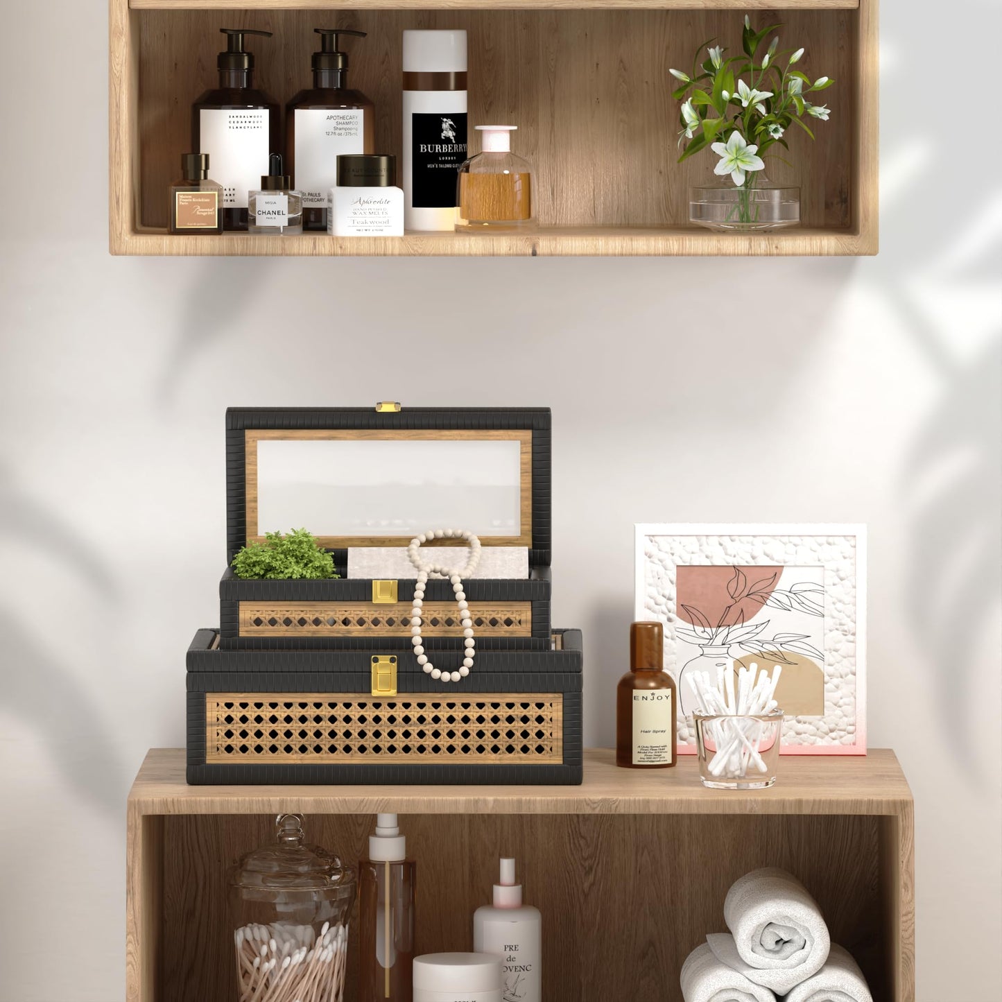 Fllamo Rattan Decorative Box,Boho Display Boxes with Lids,Set of 2 Rectangular Wicker Storage Decoration,Natural Woven Cane Bins for Home Decor for Rustic Farmhouse(Yellow and Black)