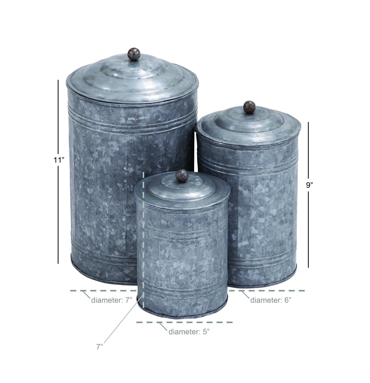 Deco 79 Metal Living Room Decorative Jars Galvanized Ribbed Decorative Container with Gold Ball Knobs, Set of 3 Jar with Lid 12", 9", 8"H, Gray