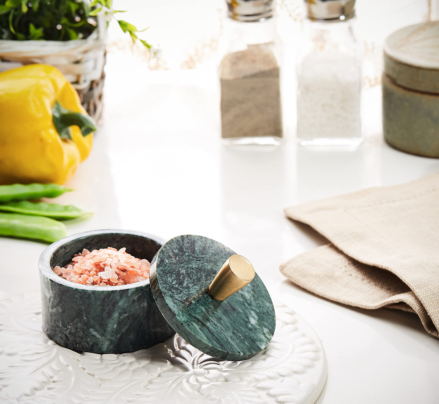 Queenza Marble Salt Cellar with Lid and Brass Knob (Green)