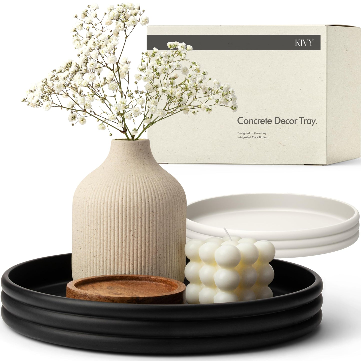 KIVY Round Decorative Concrete Tray 11x1,5 Inch - Modern Circle Coffee Table Bowl - Home Decor Table Tray for Livingroom & Bedroom - Modern Decorative Trays - Black Flat Bowl - Centerpiece Trays