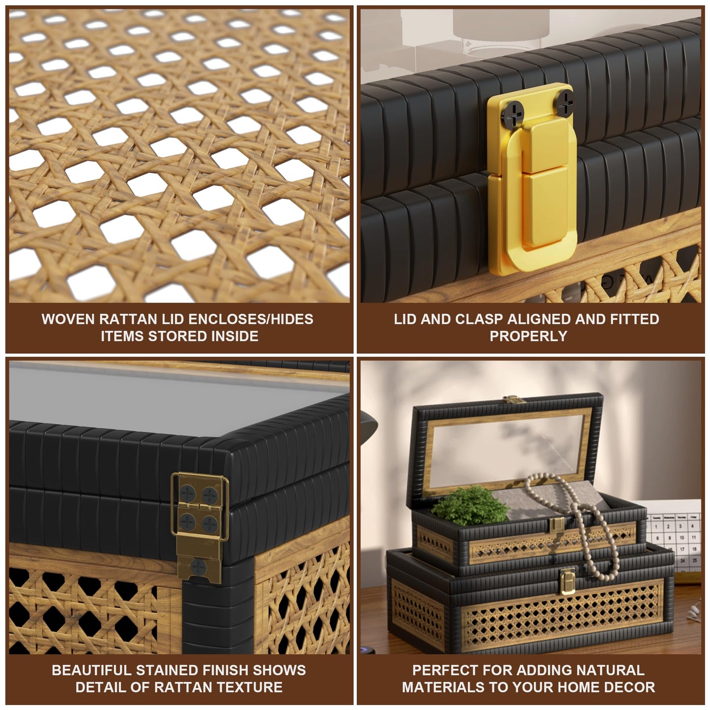 Fllamo Rattan Decorative Box,Boho Display Boxes with Lids,Set of 2 Rectangular Wicker Storage Decoration,Natural Woven Cane Bins for Home Decor for Rustic Farmhouse(Yellow and Black)