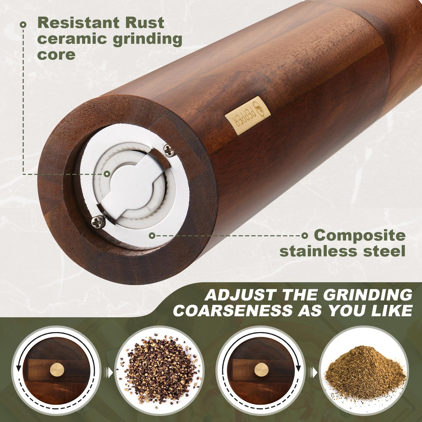 LOYIM Wooden Salt and Pepper Grinder Set 8 Inch Manual Salt and Pepper Mill with Tray Adjustable Coarseness Refillable Wood Grinders with Gold Bottle Label for Kitchen(Wood Color)