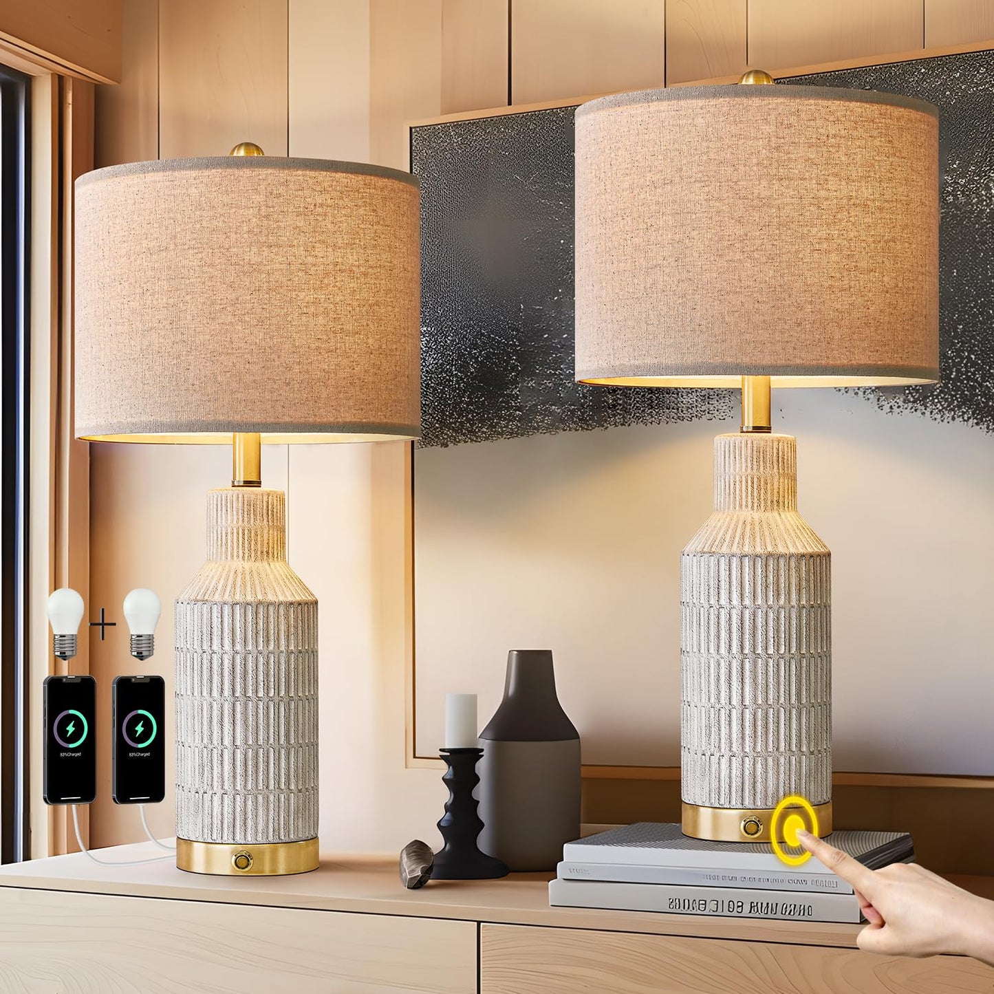 USumkky 25" Modern 3-Way Dimmable Touch Control with USB A+C Ceramic Lamps Set of 2 Table Lamp for Living Room Bedroom Farmhouse Nightstand Bedside Lamps (White-Washed)