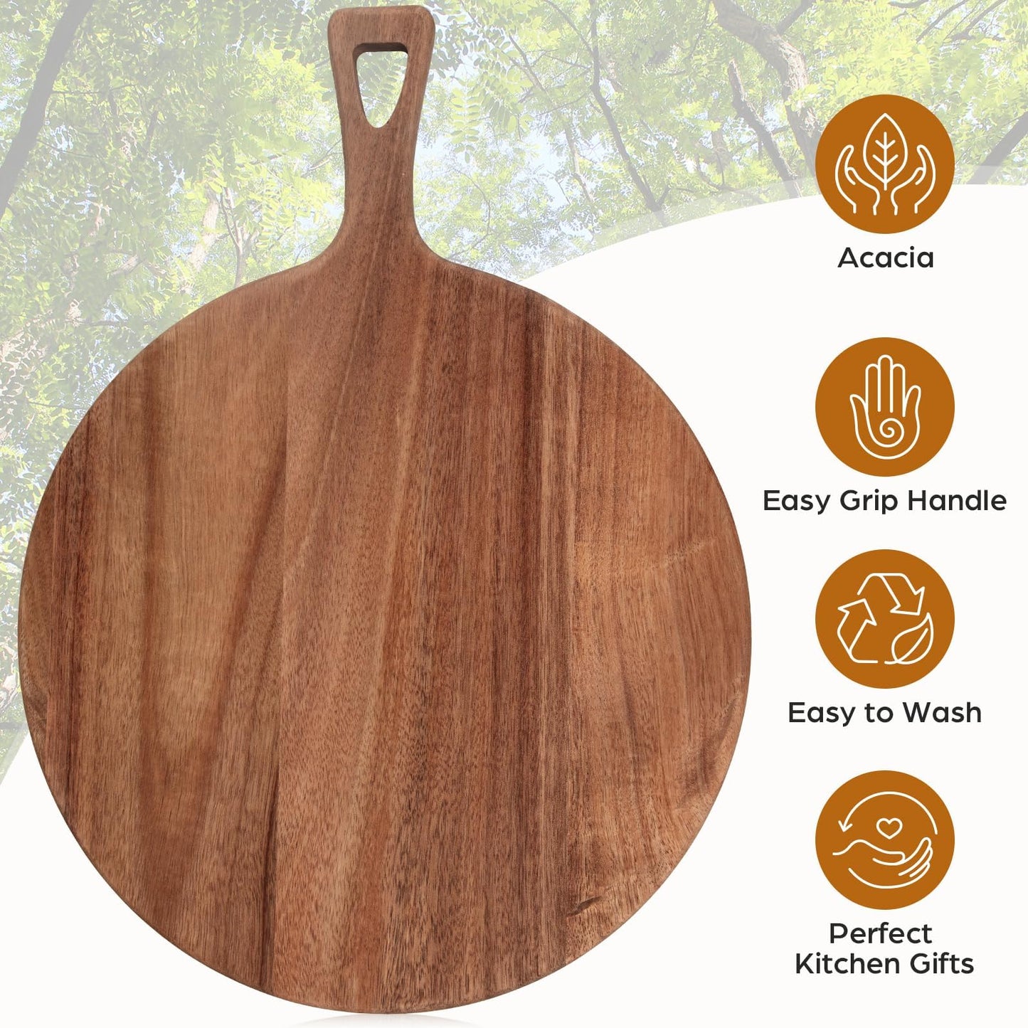 15.4 x 11.4 Inch Acacia Large Wood Cutting Board with Handle Large Round Wooden Cutting Boards Cutting Serving Board for Kitchen Meat Bread Cheese Pizza Vegetables Board Wedding Housewarming Gift