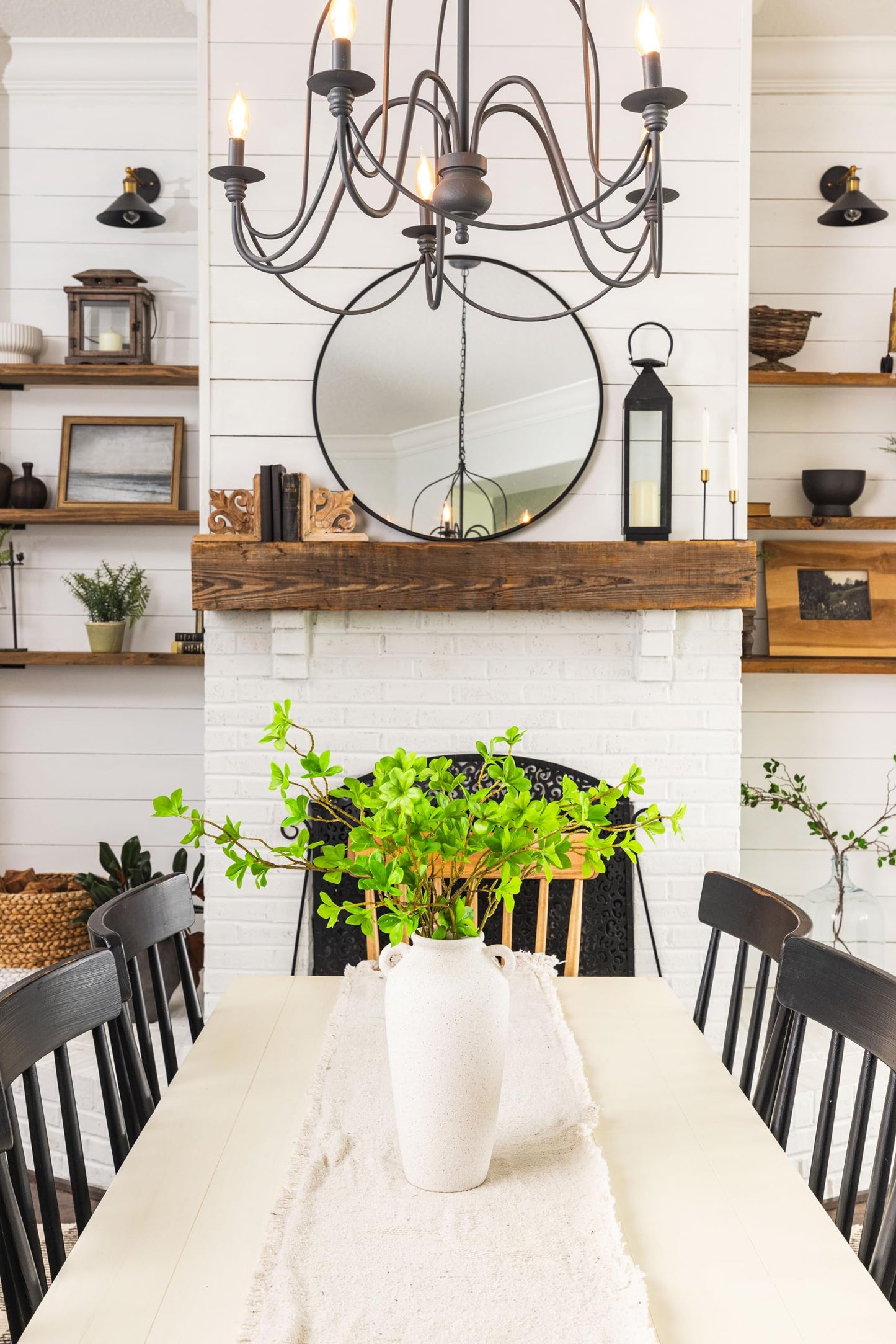 12 Inch Tall White Ceramic Vase, with 5 Branches of 25 Inch Faux Artificial Vibrant Greenery Stems Set, Textured Minimalist Jug, Fake Stem Plants, Decorative Farmhouse, Console Table Centerpiece Decor