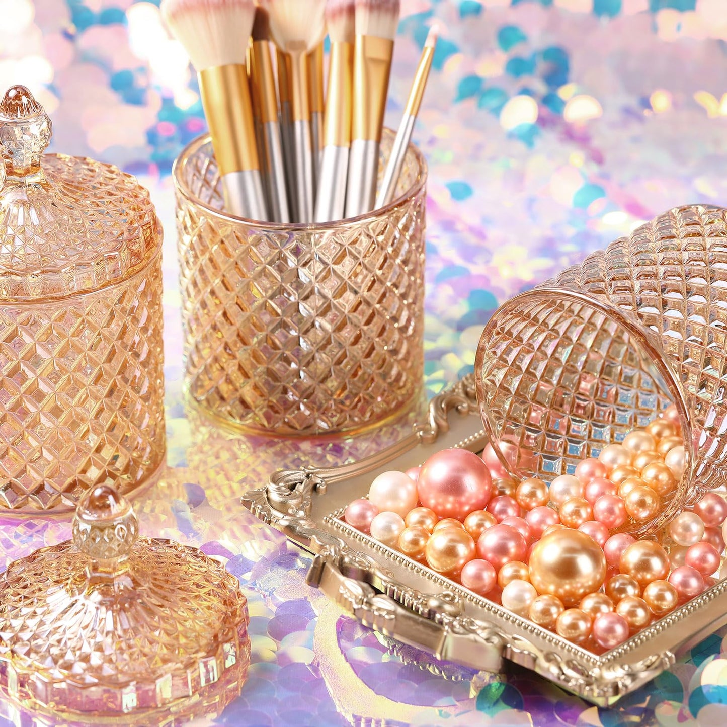 Aoriher 4 Pcs Crystal Glass Candy Jar Set with Lids Home Decorative Storage Jars for Apothecary, Bathroom, Kitchen, and Pantry, Ideal for Cotton Swabs and Jewelry(Large,Amber)