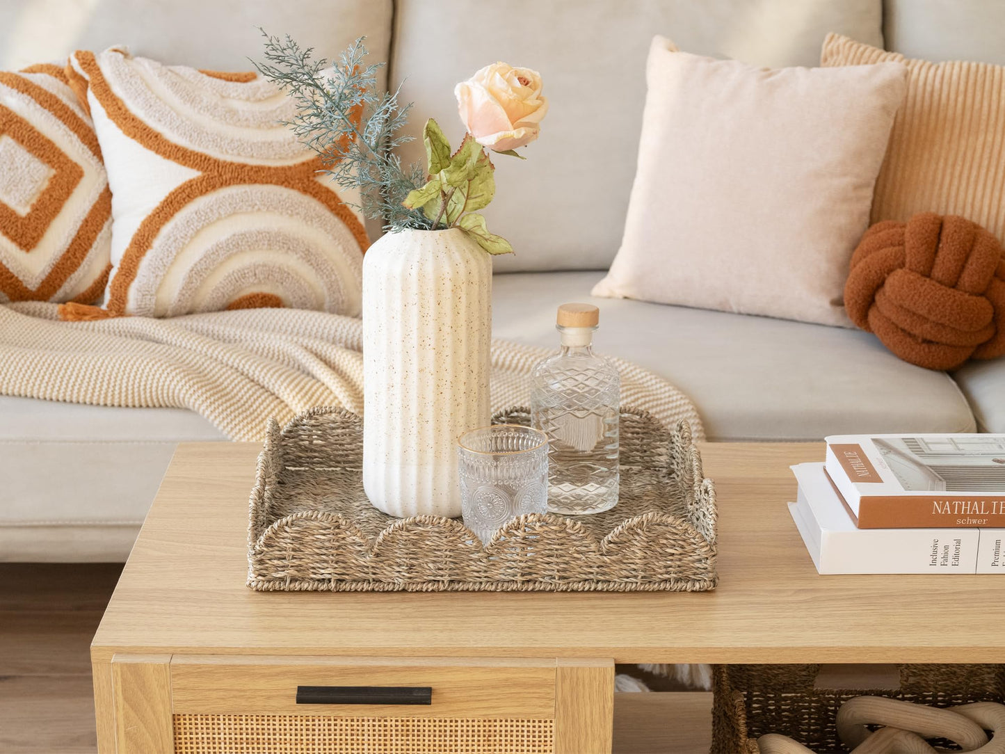 StorageWorks Rectangle Wicker Scalloped Tray, Rattan Serving Trays with Handles, Seagrass Basket for Decorative & Organizing, 15.75" L x 11.5" W x 2.75" H