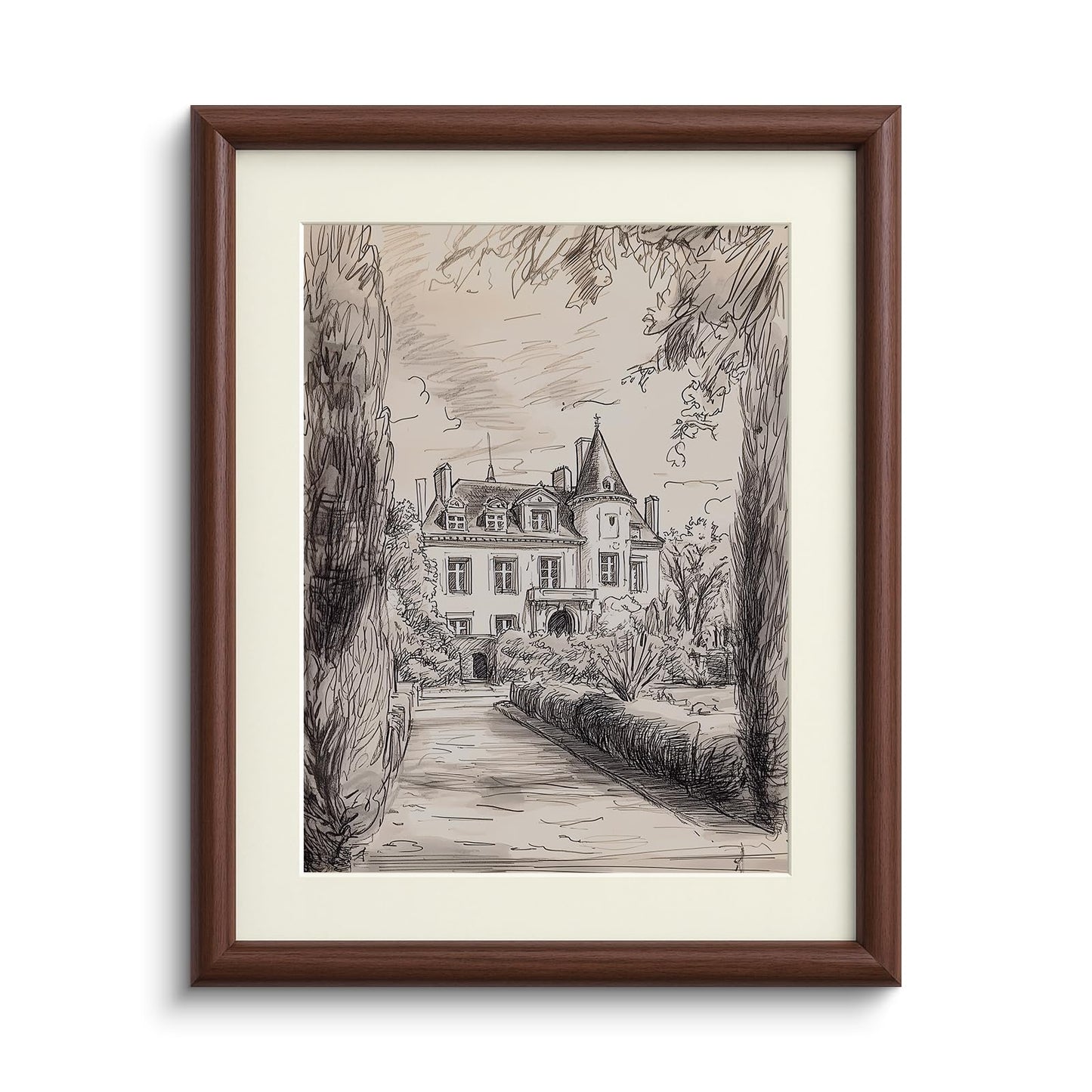 InSimSea Framed Canvas Wall Art with Mat, Vintage Neutral Architecture Sketch Prints Picture, Vintage Landscape Wall Art for Living Room Bedroom Office, 11x14 Inch(Walnut)