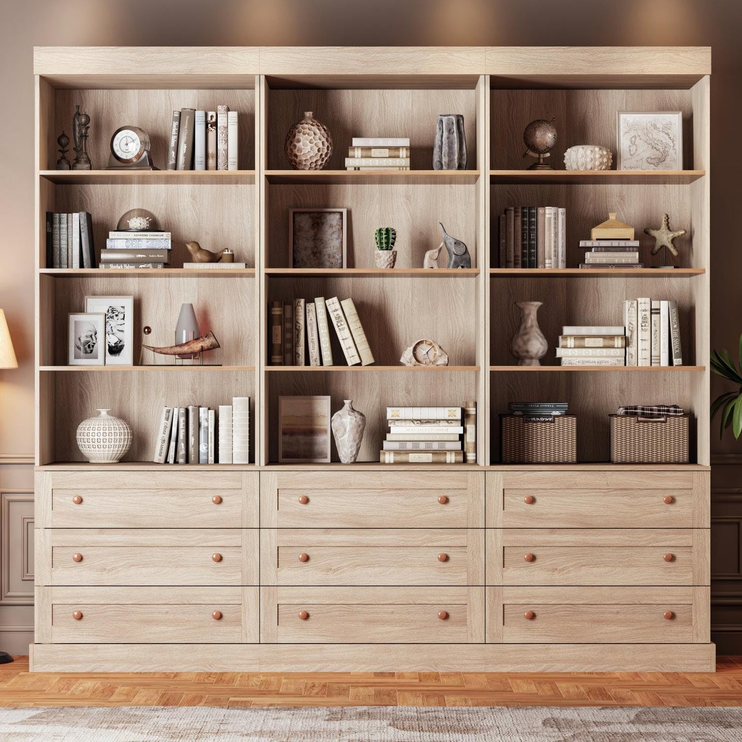 71" Tall Farmhouse Bookshelves, Brown Large Bookcase with Adjustable Shelves, 3 Drawers Wooden Storage Cabinet for Living Room, Kitchen, Home Office, Dining Room, 2 Pcs Open Unit