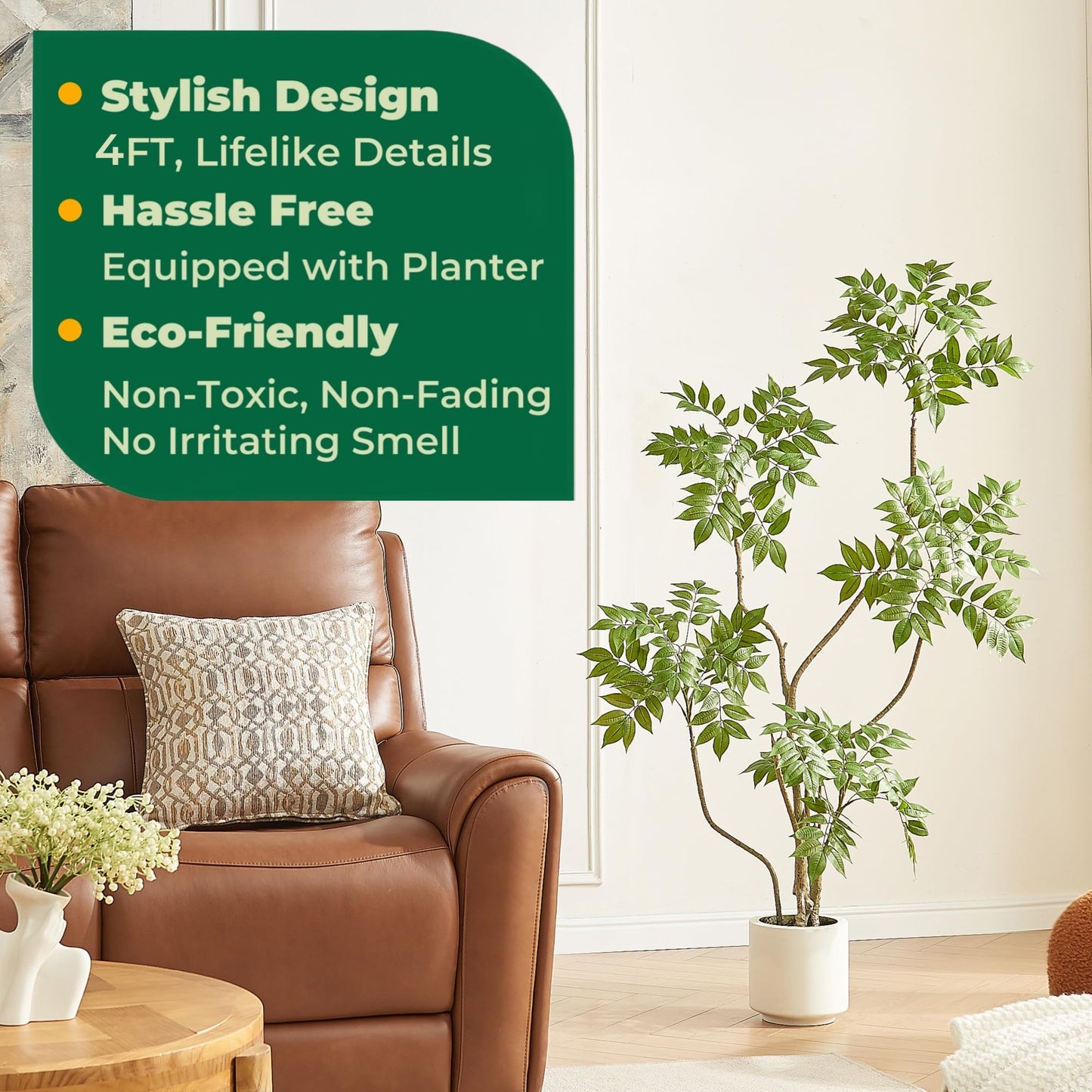 4FT Artificial Sumac Tree in White Pot, Real Touch Silk Faux Plant Indoor Outdoor - Lifelike Fake Tree for Home, Office, Living Room, Lobby, Patio Decor