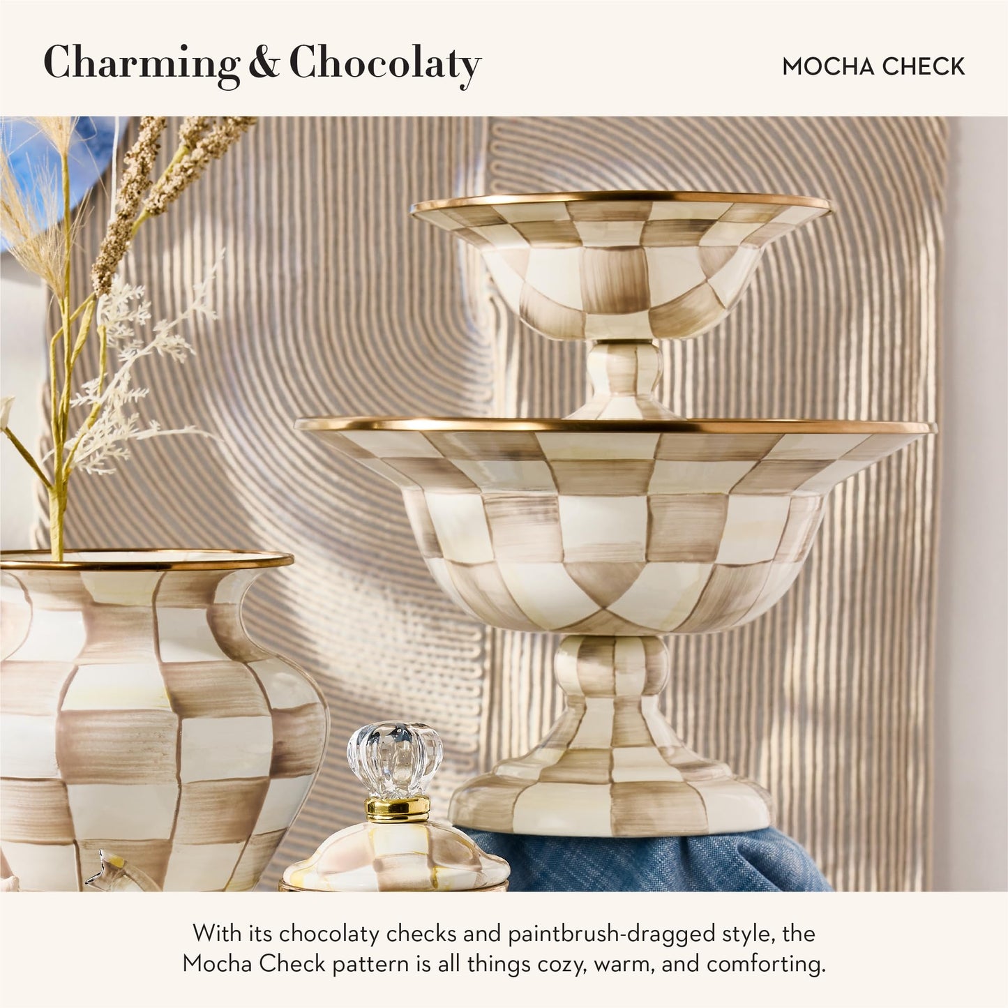 MACKENZIE-CHILDS Enamel Compote, Cute Enamel Pedestal Serving Dish or Decorative Bowl, Large, Brown-and-White Mocha Check