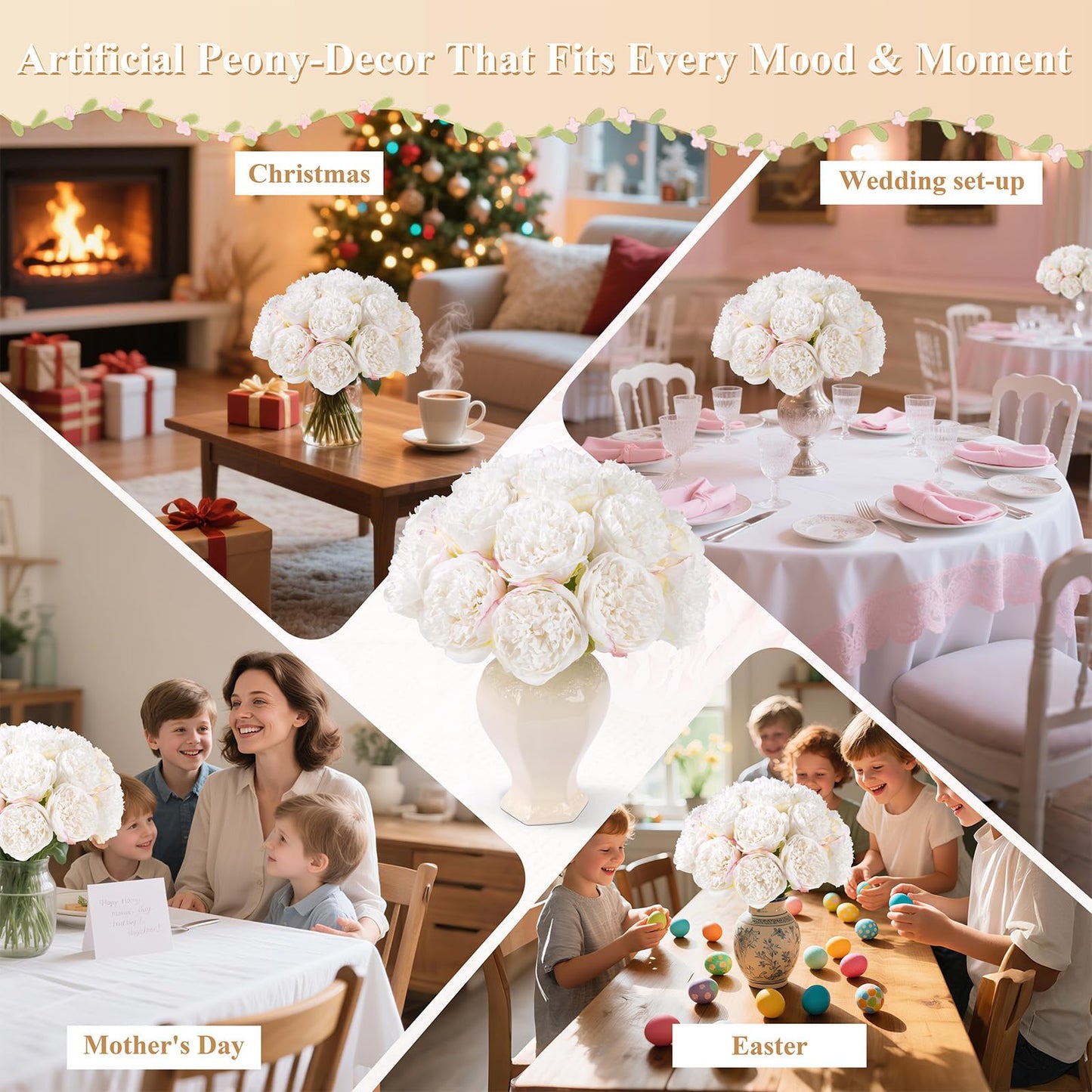 U'Artlines 2 Bouquet 10 Heads Artificial Peony Silk Flower Leaf Home Office Wedding Party Festival Bar Decor (Cream White)