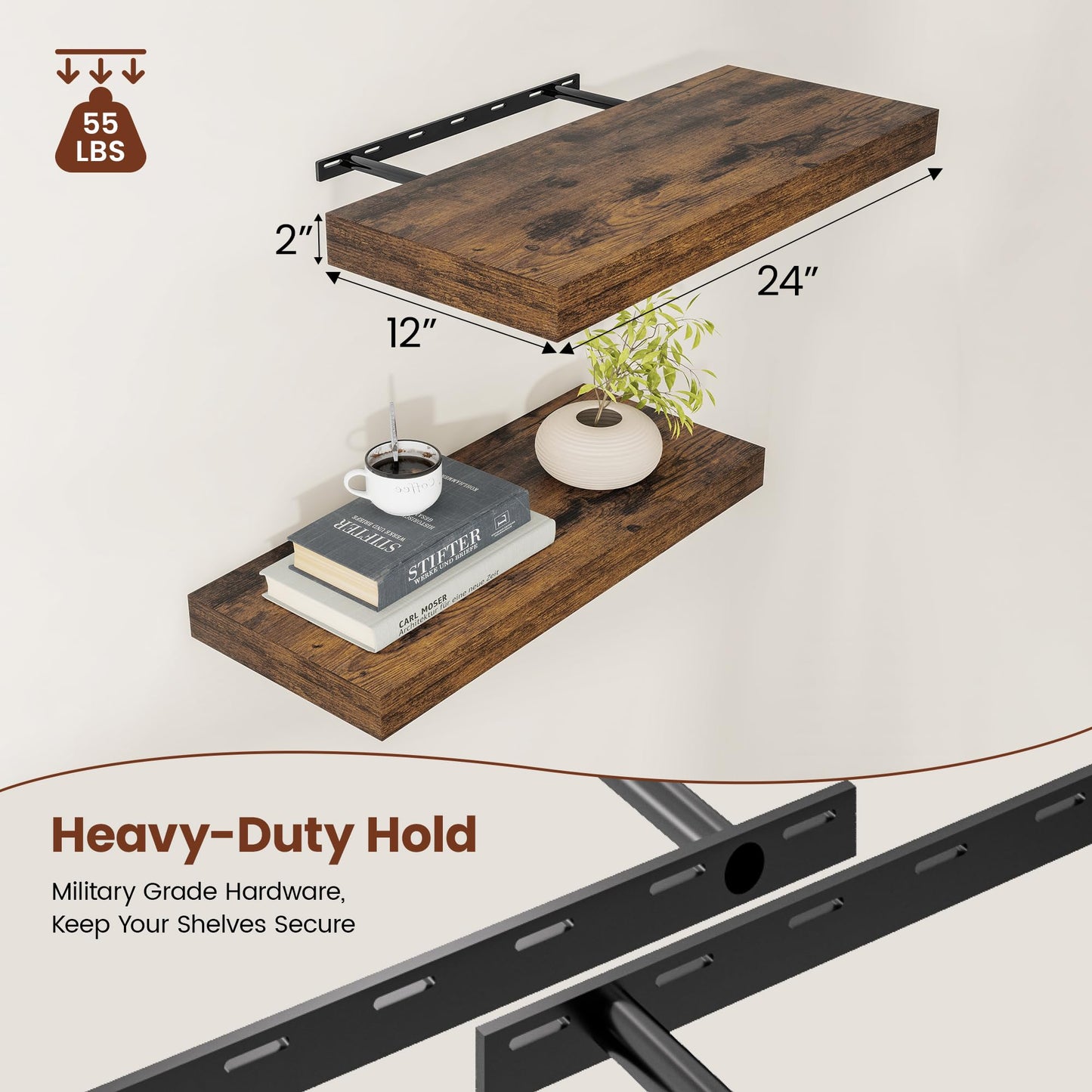 12" Deep Floating Shelves for Wall 24 Inches Long, Heavy Duty Wall Shelves for Bedroom Bathroom Kitchen Laundry Room, Farmhouse Rustic Shelves for Home Decor, 24" X 12" X 2" Set Of 2, Rustic Brown