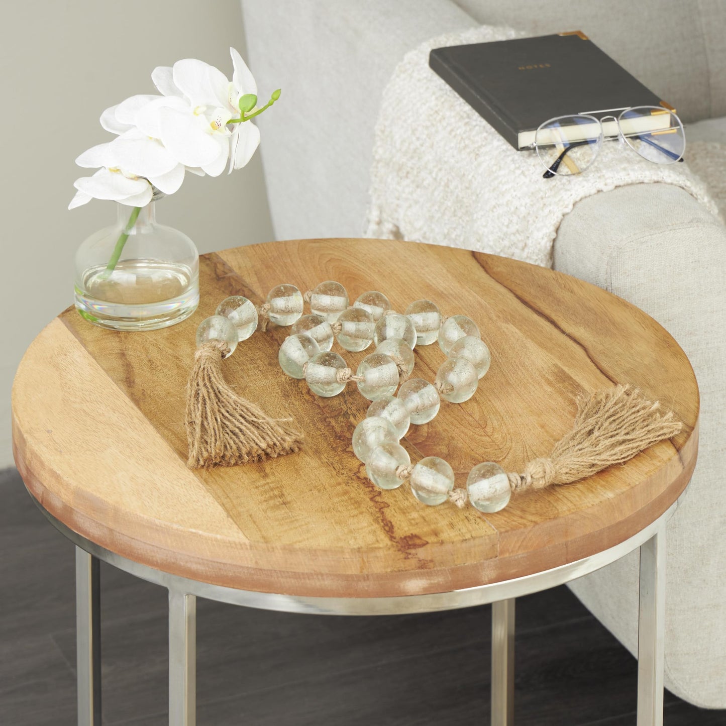 Deco 79 Glass Handmade Round Beaded Garland with Tassel with Knotted Brown Jute, 45" x 1" x 1", Clear