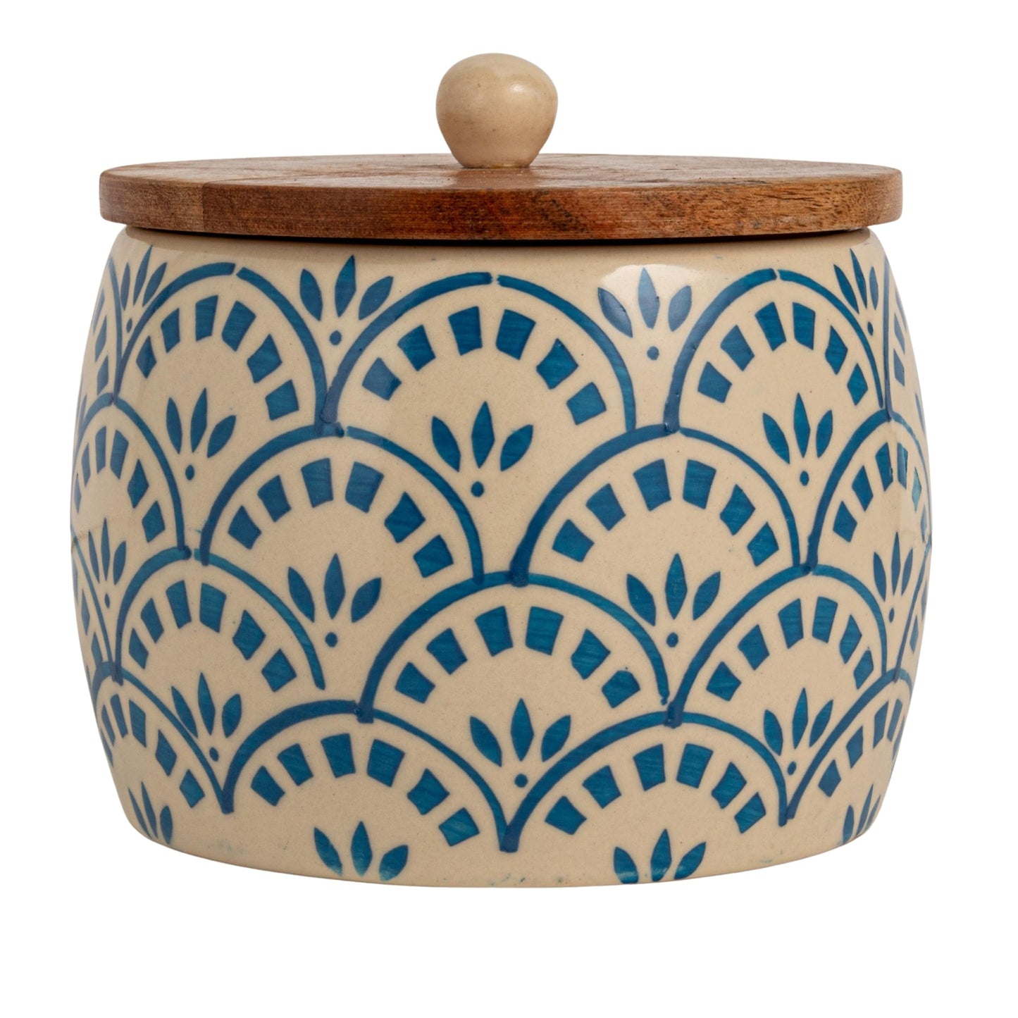 Creative Co-Op Stoneware Canister with Lid, Cream Color, Blue and Natural
