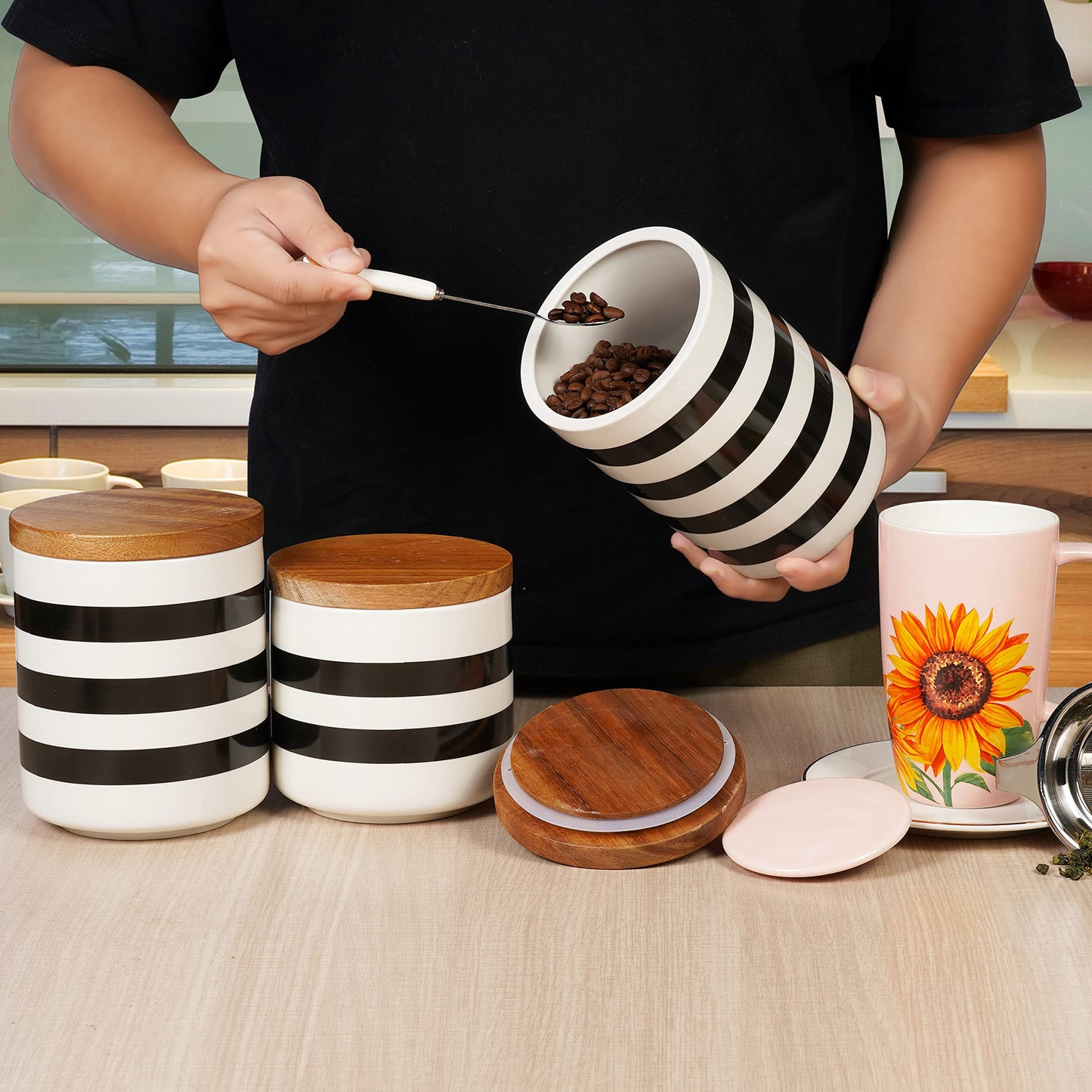 Sunddo Ceramic Canister Sets for Kitchen Counter with Bamboo Lid for Coffee, Sugar, Tea Set of 3