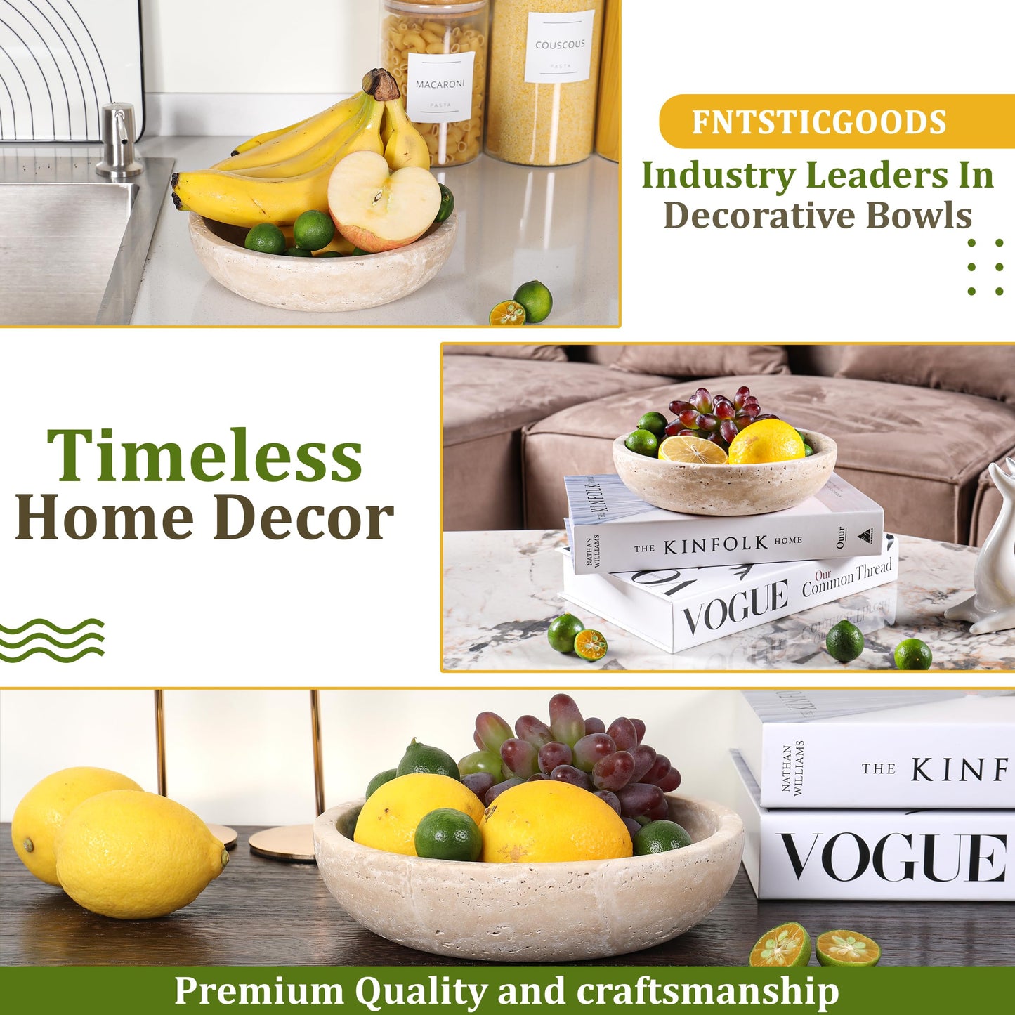 FNTSTICGOODS Travertine Decorative Bowl - 7.8” Diameter & 2” Height - Key Bowl for Entryway Table - Travertine - Organic Modern Centerpiece - Beige/Natural