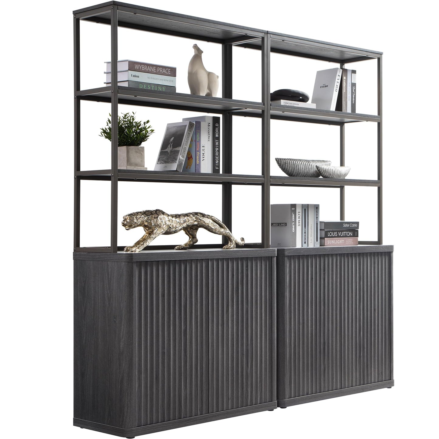 SICOTAS Book Shelf Fluted Bookshelf 71" Tall Bookcase with Doors Storage 5 Tier Mid Century Modern Bookshelves Large Shelves Metal Book Cases for Living Room Office Bedroom Kitchen Library (Black)