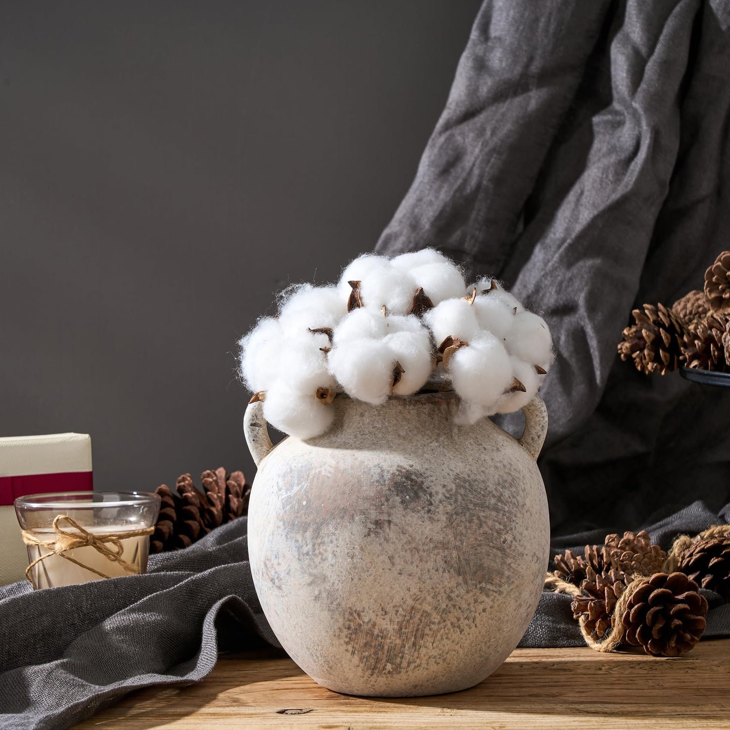 PORCER Antique Ceramic Vase, 5.8 Inch Terracotta Vase with Handles, Decorative Rustic Vase for Home Decor, Farmhouse, Living Room, Table, Bedroom, Entrance, Office - Gray