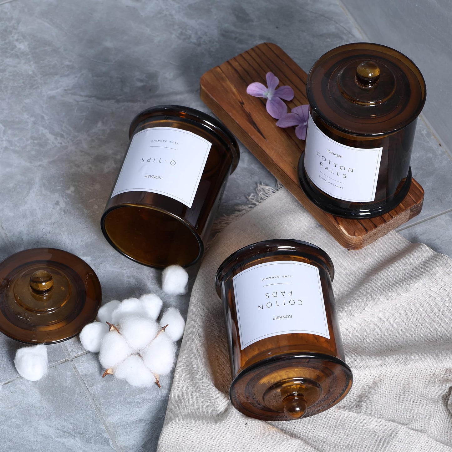 Ronasip 3 Pack Farmhouse Bathroom Organizers and Storage - 16 Oz Glass Jars with Lids for Qtip Holder, Swab Organizer, Bathroom Decor and Storage with Labels (Amber)