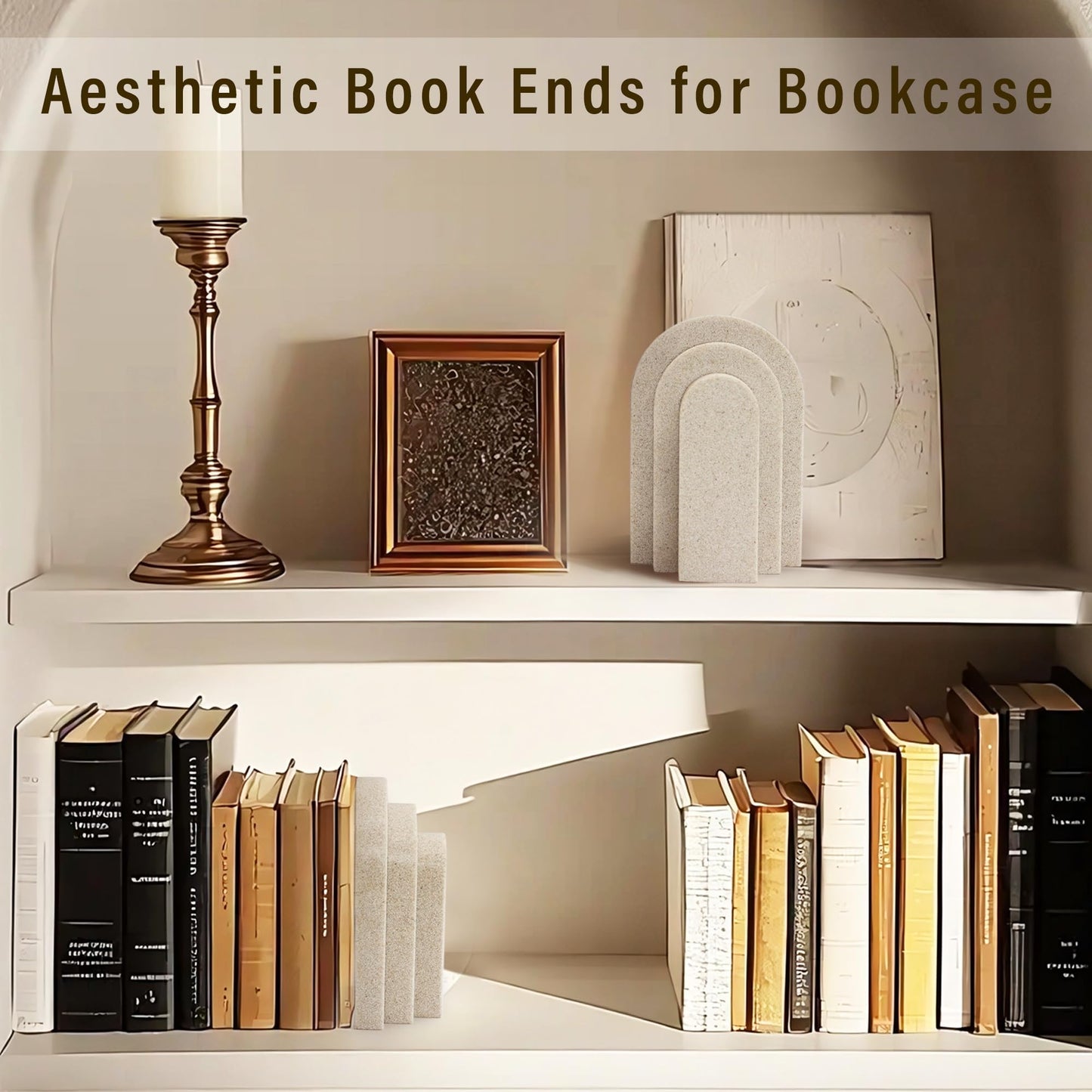 LIN CHUAN - Decorative Bookends for Heavy Books, Aesthetic Book Ends Set of 2, Modern Book Holders Stopper for Shelves, Bookshelf, Bookcase, Office Desk, Home Decor, Resin, Beige
