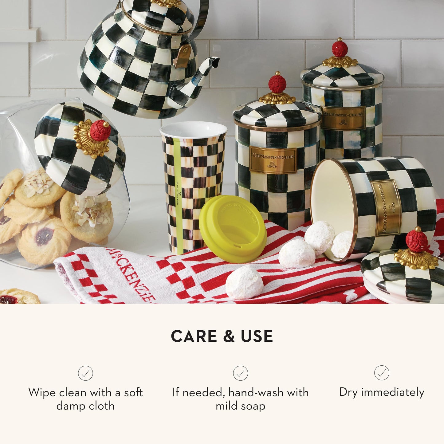 MACKENZIE-CHILDS Small Enamel Canister, Kitchen Storage Container for Flour and Sugar, 1.13 Liters, Black-and-White Courtly Check