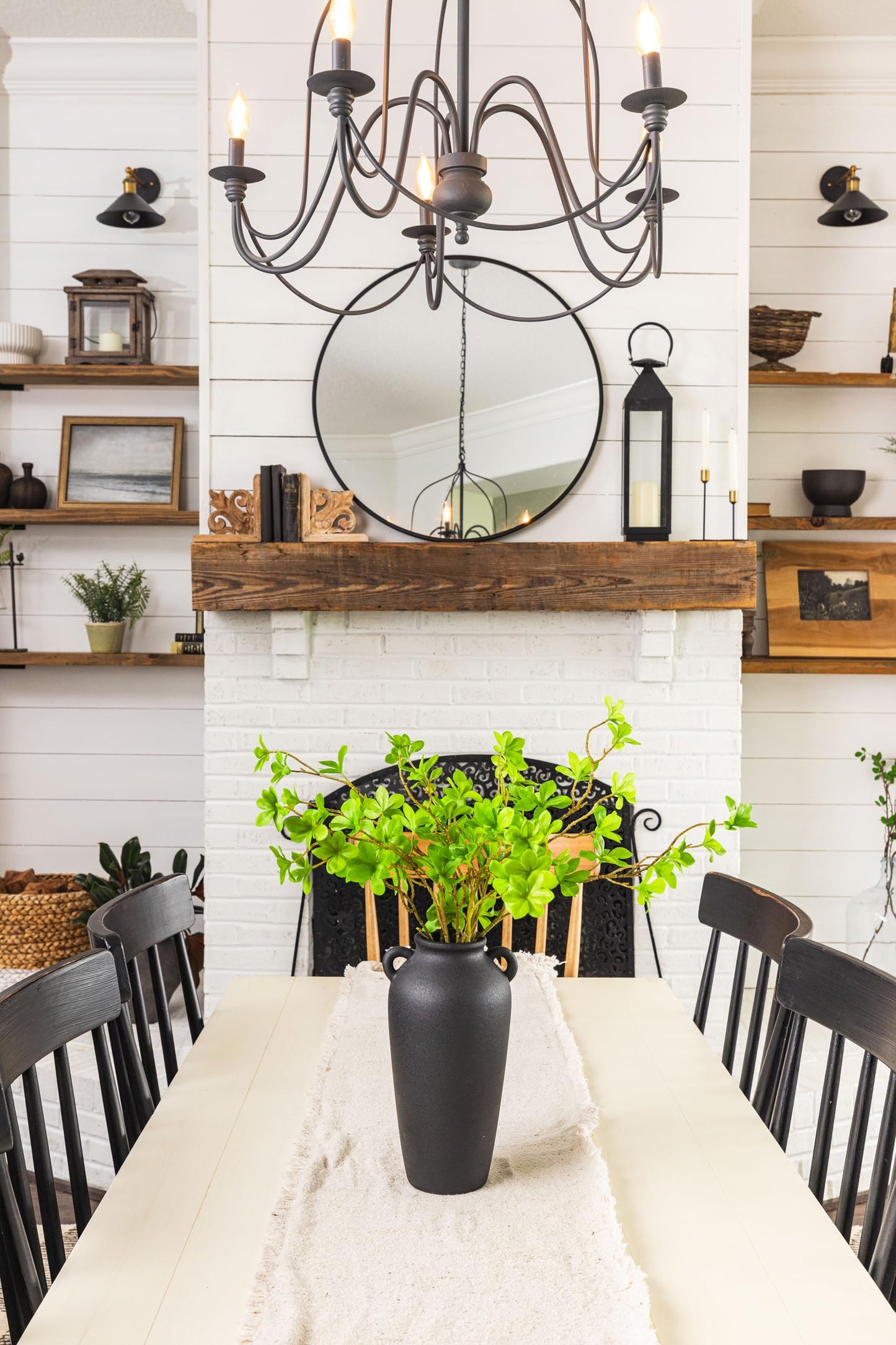 12 Inch Tall Black Ceramic Vase, with 5 Branches of 25 Inch Faux Artificial Vibrant Greenery Stems Set, Textured Minimalist Jug, Fake Stem Plants, Decorative Farmhouse, Console Table Centerpiece Decor