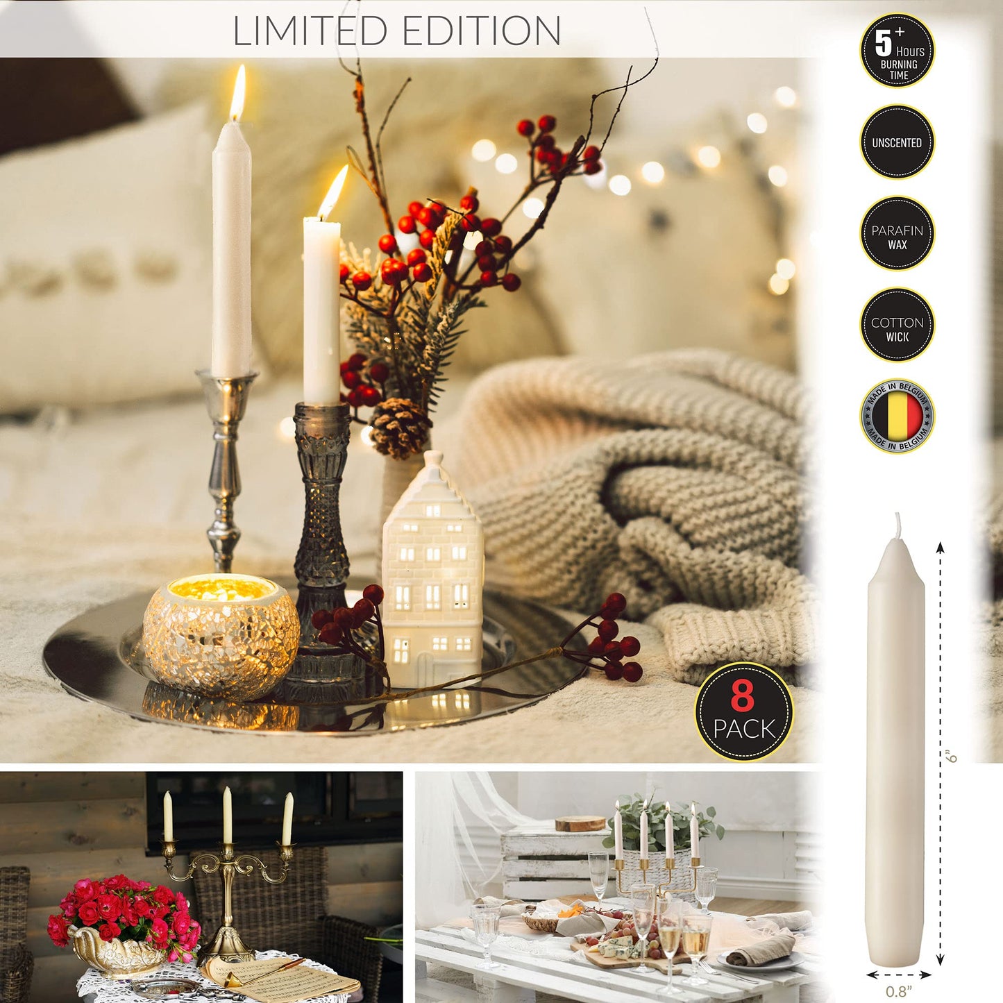 Straight Ivory Candlesticks - Pack of 8 6" Long Candles - 5 Hour Long Burning Unscented for Emergency, Chime, Table, Wedding, and Home Decoration