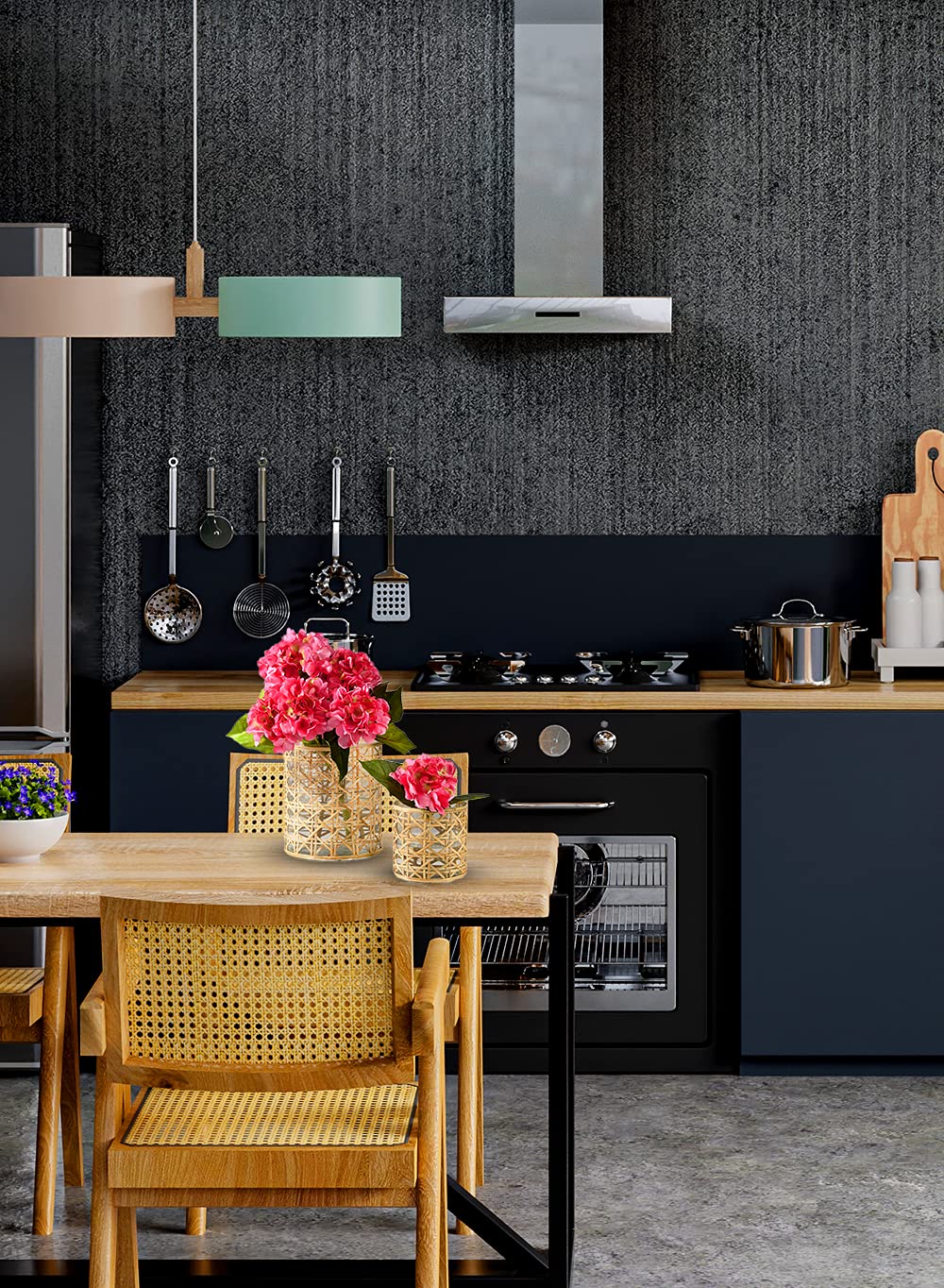 Serene Spaces Living Saigon Cane Wrapped Glass Hurricane Candle Holder, Candle Centerpieces for Tables, Wedding Reception Vases, for Living Room, Fireplace Mantel, Measures 4.75" Tall & 4.5" Diameter