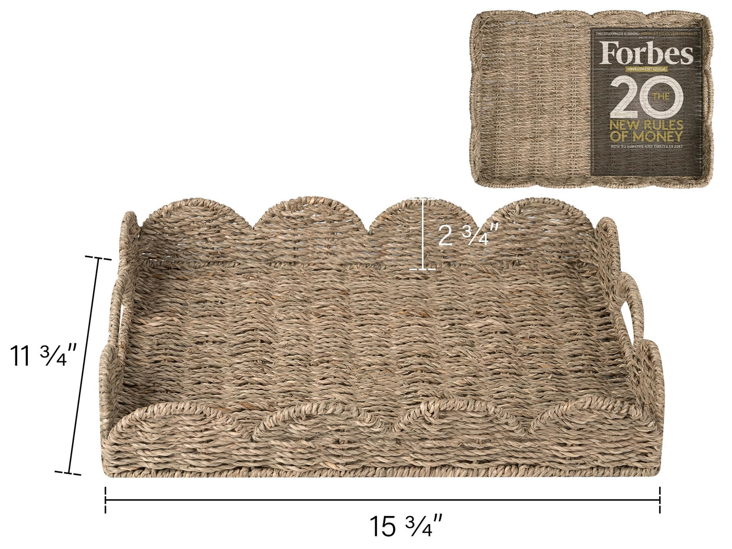 StorageWorks Rectangle Wicker Scalloped Tray, Rattan Serving Trays with Handles, Seagrass Basket for Decorative & Organizing, 15.75" L x 11.5" W x 2.75" H