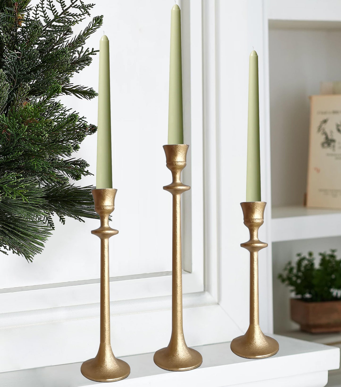 Iron Taper Candle Holder - Set of 3 Decorative Candle Stand - Candlestick Holder for Wedding, Dinning, Party - Antique Brass