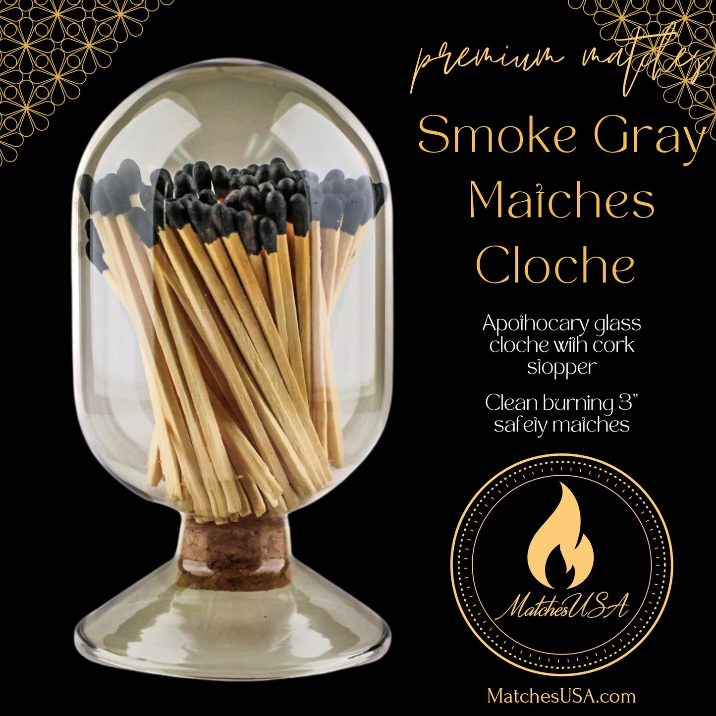 INCLUDES MATCHES ! | Smoke Gray Glass Matches Cloche | Grey Tinted Decorative Match Holder Jar for Candles Set Display (Black Matches)