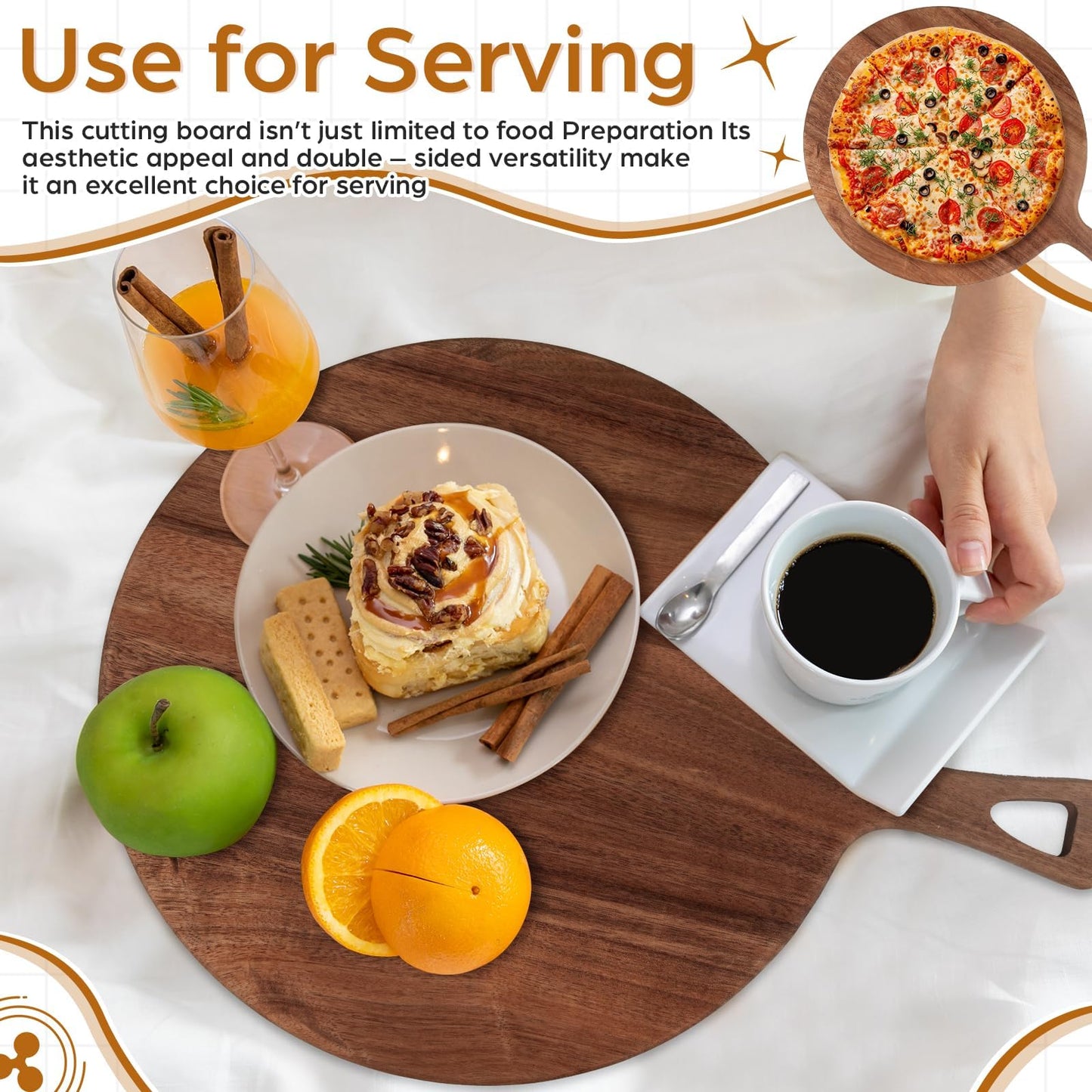 15.4 x 11.4 Inch Acacia Large Wood Cutting Board with Handle Large Round Wooden Cutting Boards Cutting Serving Board for Kitchen Meat Bread Cheese Pizza Vegetables Board Wedding Housewarming Gift