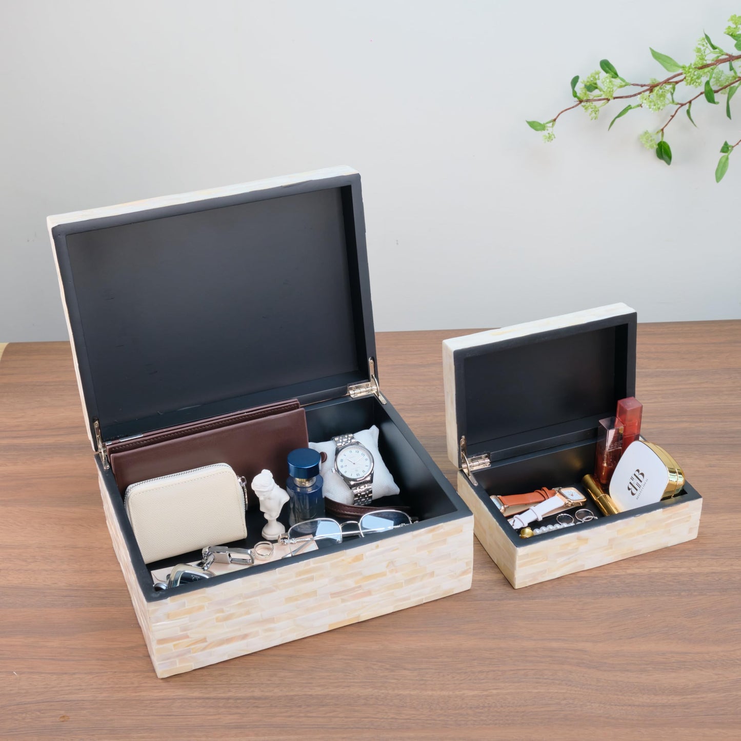 PEMAR Set of 2 Mother of Pearl Decorative Boxes w Lids, Handmade Mosaic Keepsake Jewelry Box Treasure Chest, Shelf Decorative Wooden Box for Memory, Tea Bags, Coffee, Accessories (Black Stripes)