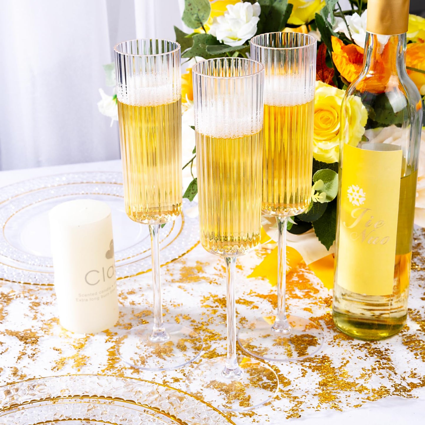 Ciaell 24 Pack Plastic Champagne Flutes - 6oz Ribbed Disposable Champagne Glasses - Clear Vintage Mimosa Glasses with Long Stem, Elegant & Lightweight for Weddings, Birthdays, Parties