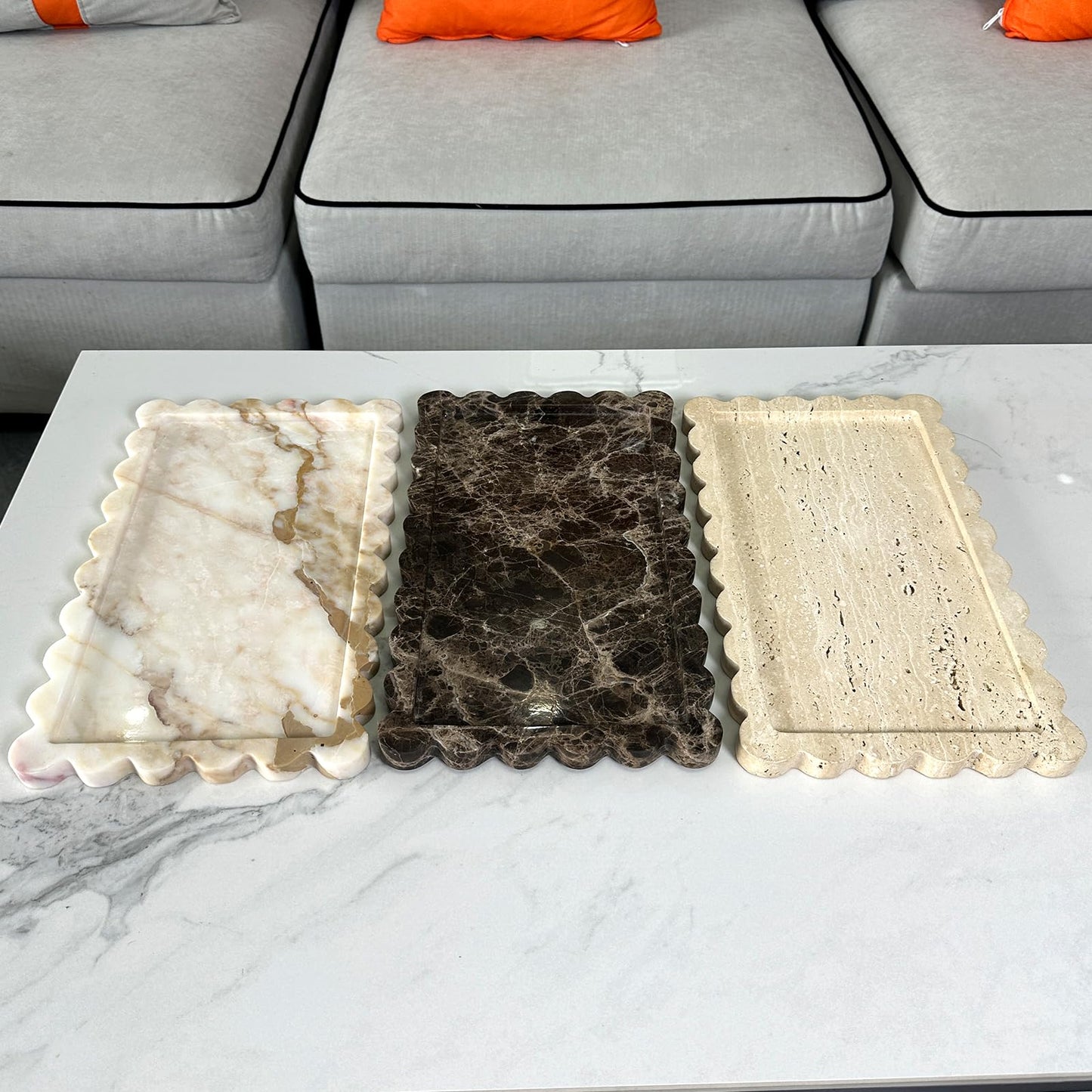 13.4 x 8 inch Large Travertine Tray with Scalloped Edge, Rectangle Decorative Tray for Coffee Table/Bathroom/Kitchen (Beige Travertine)